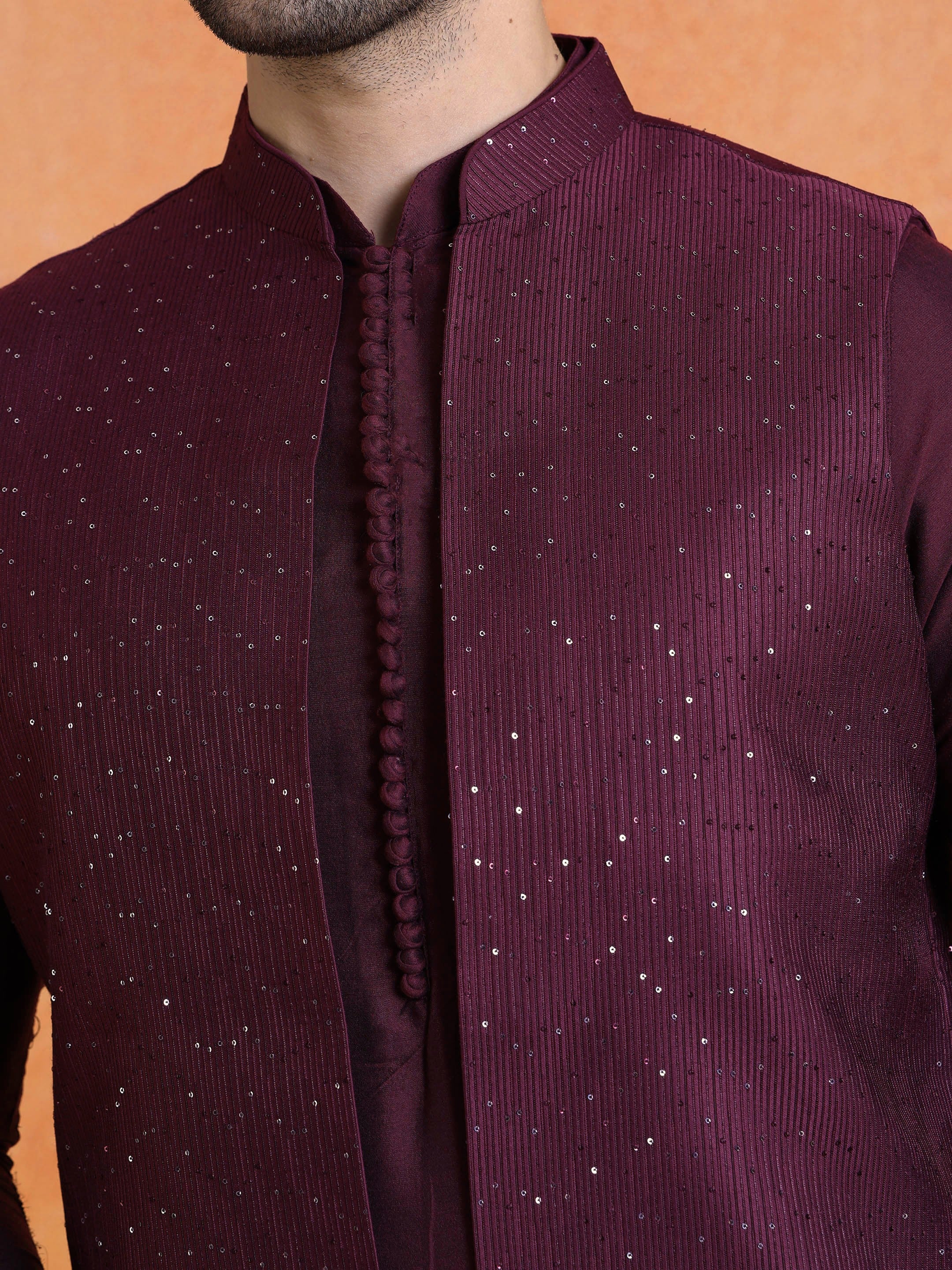 Wine Silk Blend Sequin Mid Kurta Front Open Long Jacket Trouser Set - Image 5