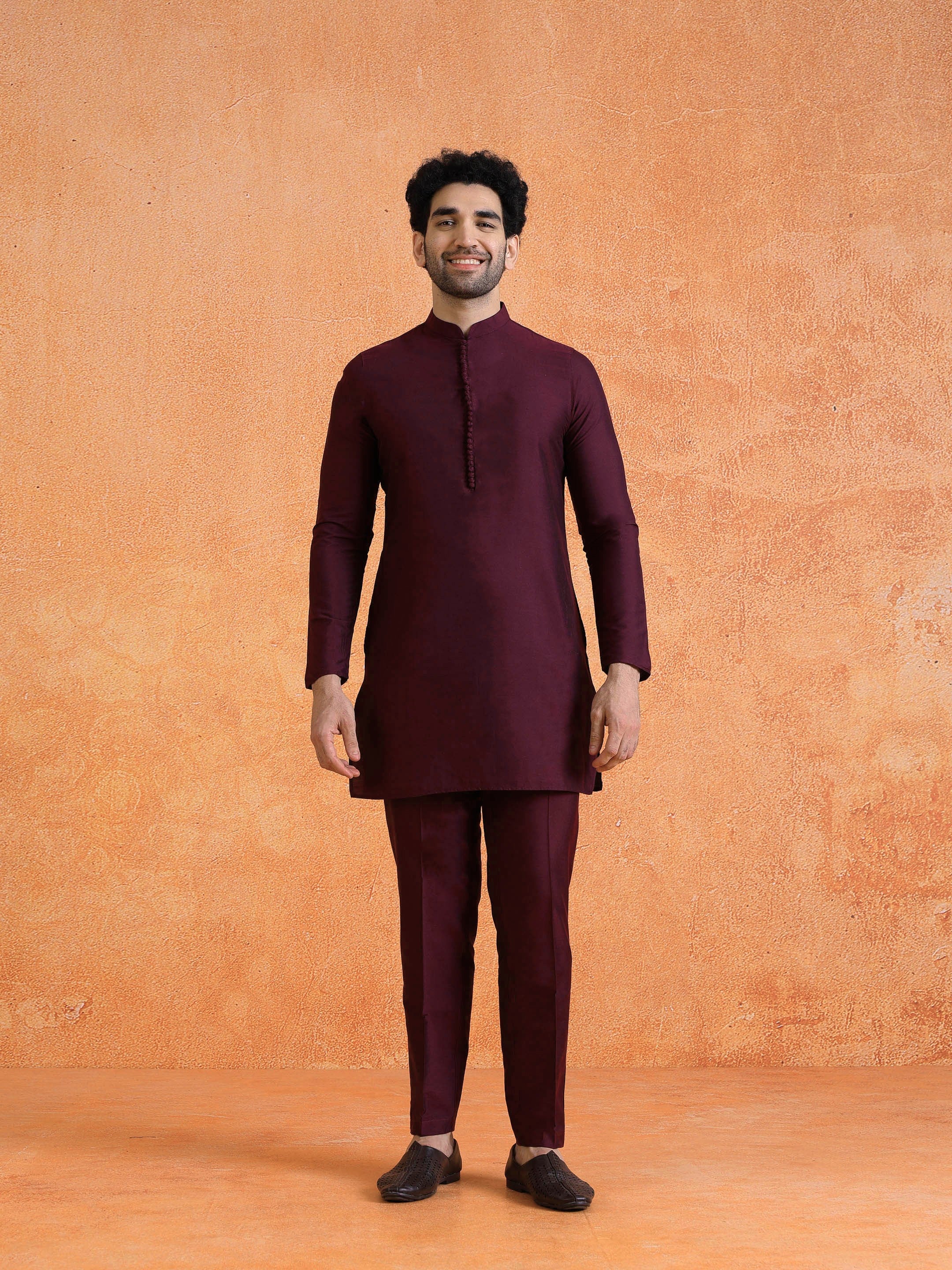 Wine Silk Blend Sequin Mid Kurta Front Open Long Jacket Trouser Set - Image 7