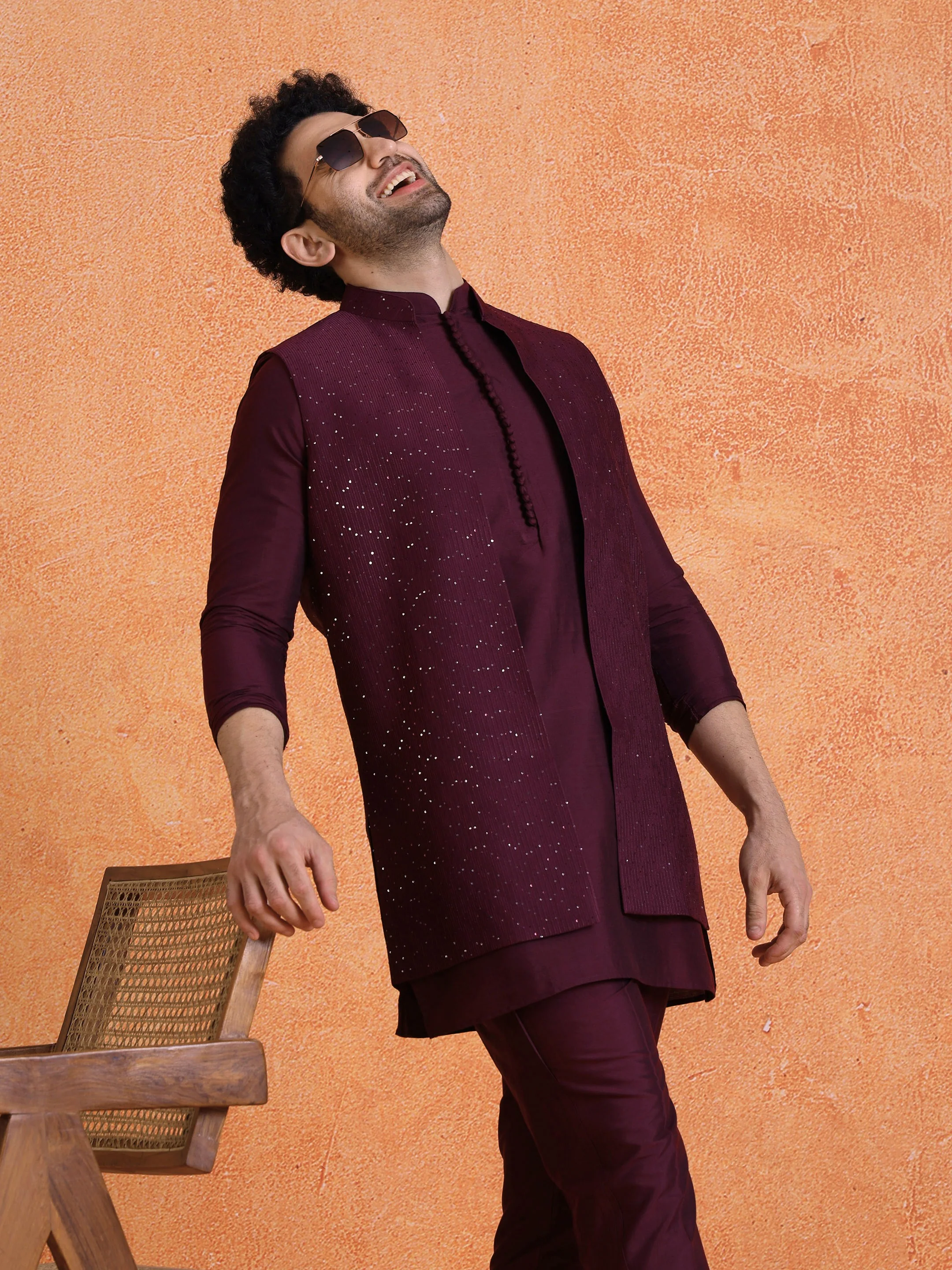 Wine Silk Blend Sequin Mid Kurta Front Open Long Jacket Trouser Set - Image 9