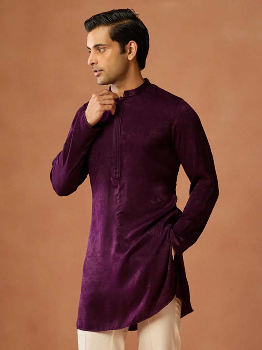 Wine Silk Blend Solid Mid Kurta Trouser Set - Image 8