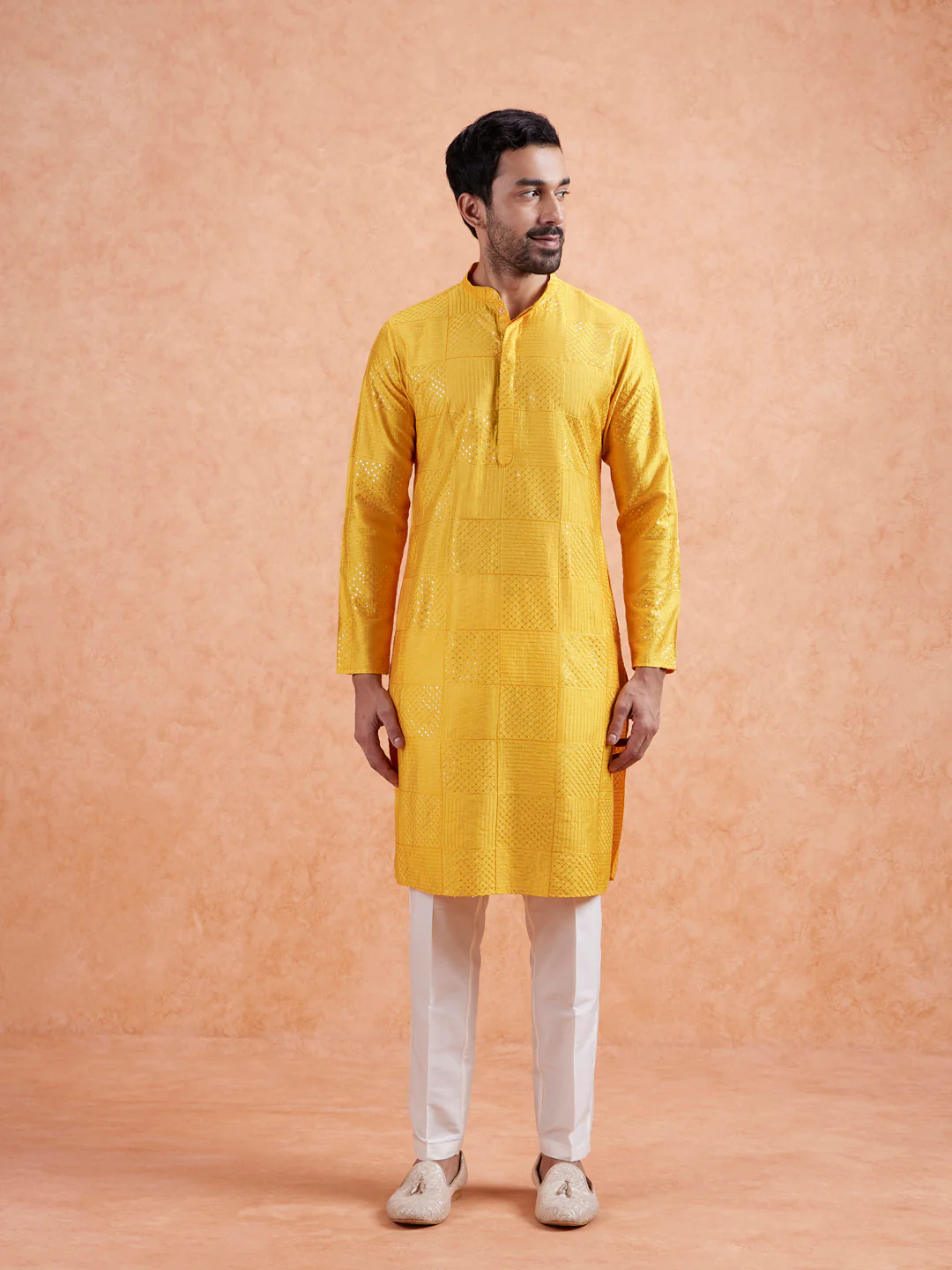 Yellow Silk Blend Textured Kurta Trouser Set - Image 3