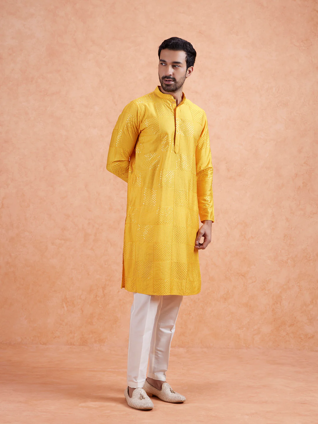 Yellow Silk Blend Textured Kurta Trouser Set - Image 4