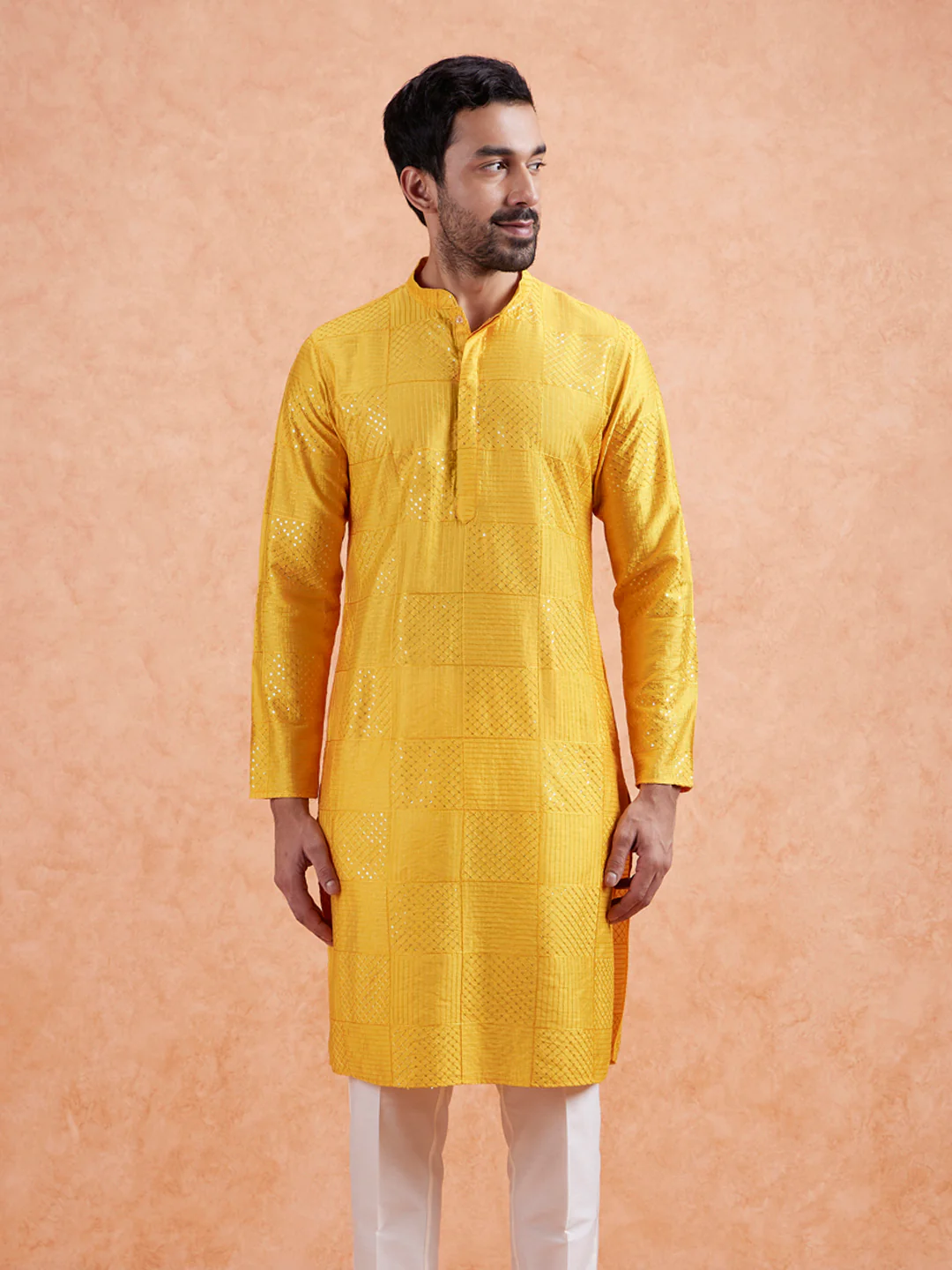Yellow Silk Blend Textured Kurta Trouser Set - Image 5