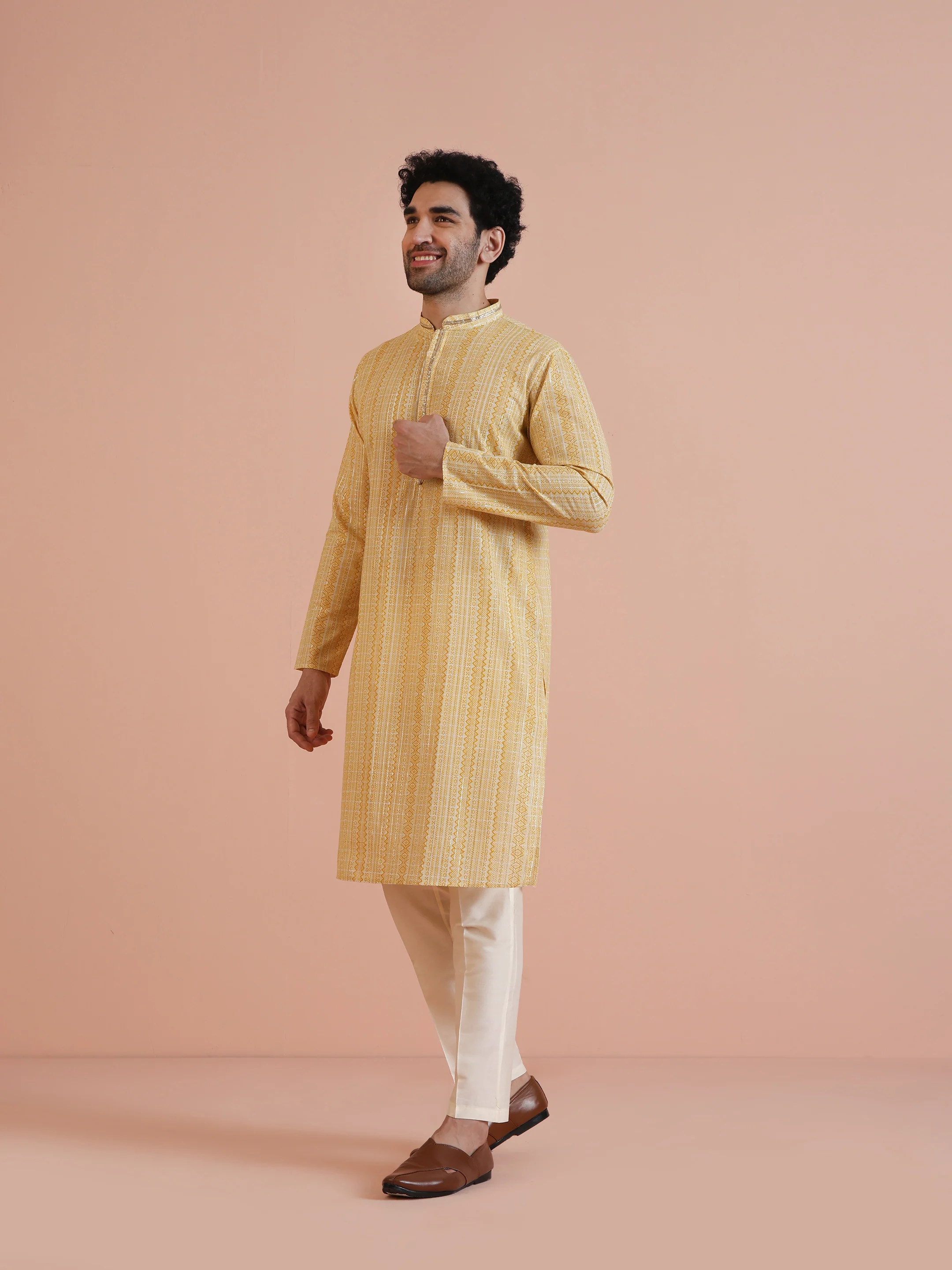 Yellow Cotton Blend Jacquard Kurta Trouser Set - Image 2