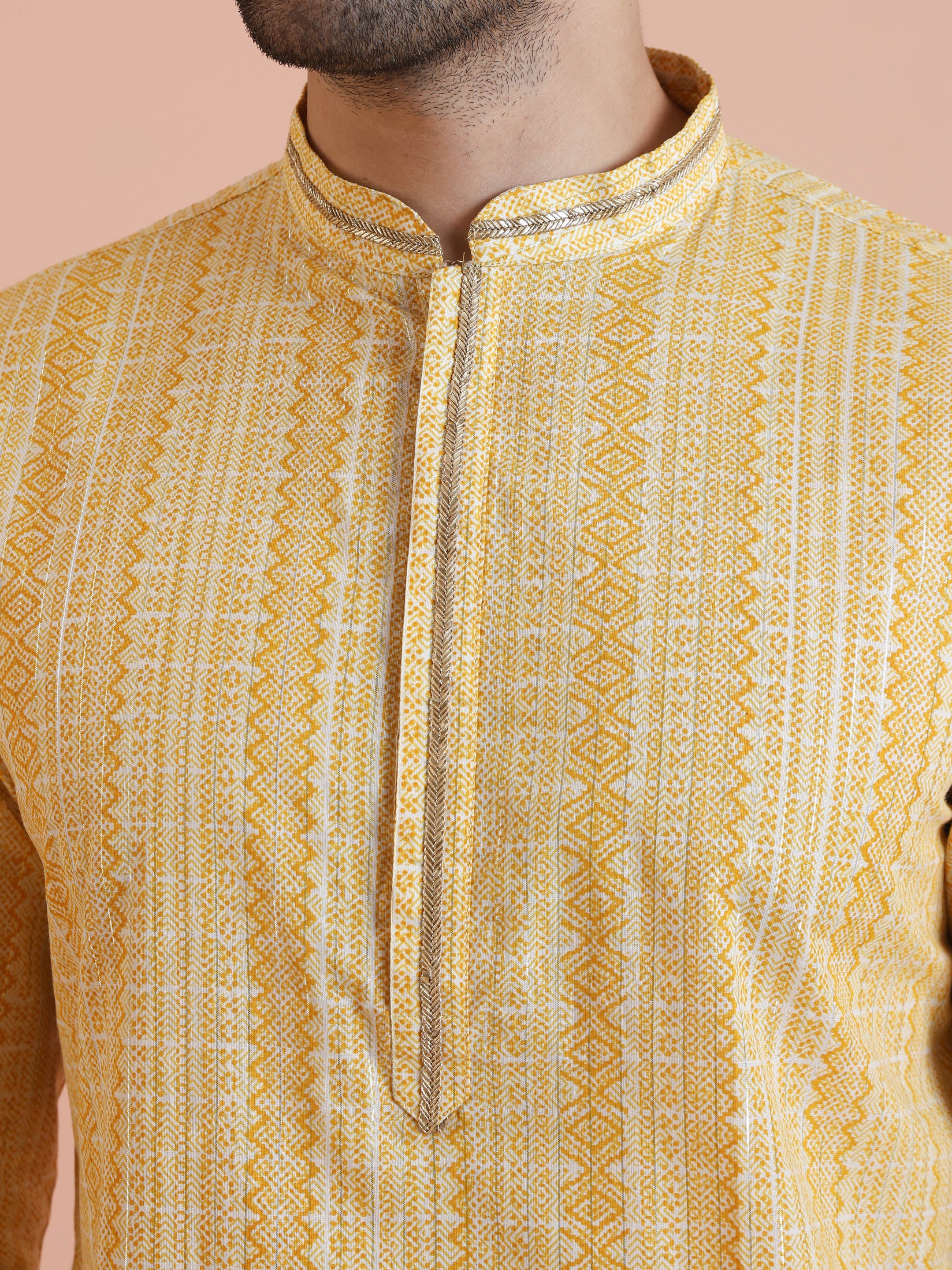 Yellow Cotton Blend Jacquard Kurta Trouser Set - Image 5