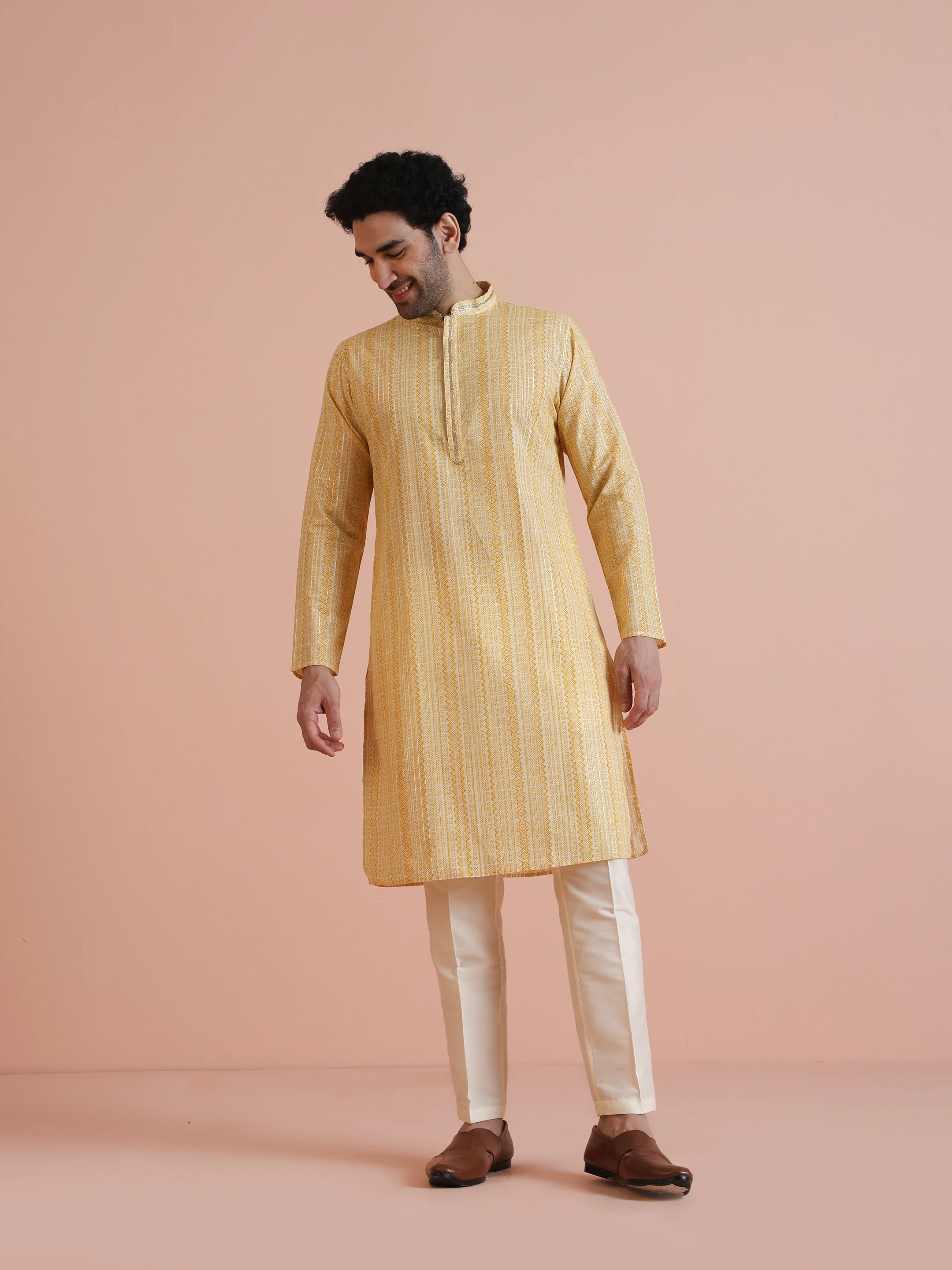 Yellow Cotton Blend Jacquard Kurta Trouser Set - Image 7