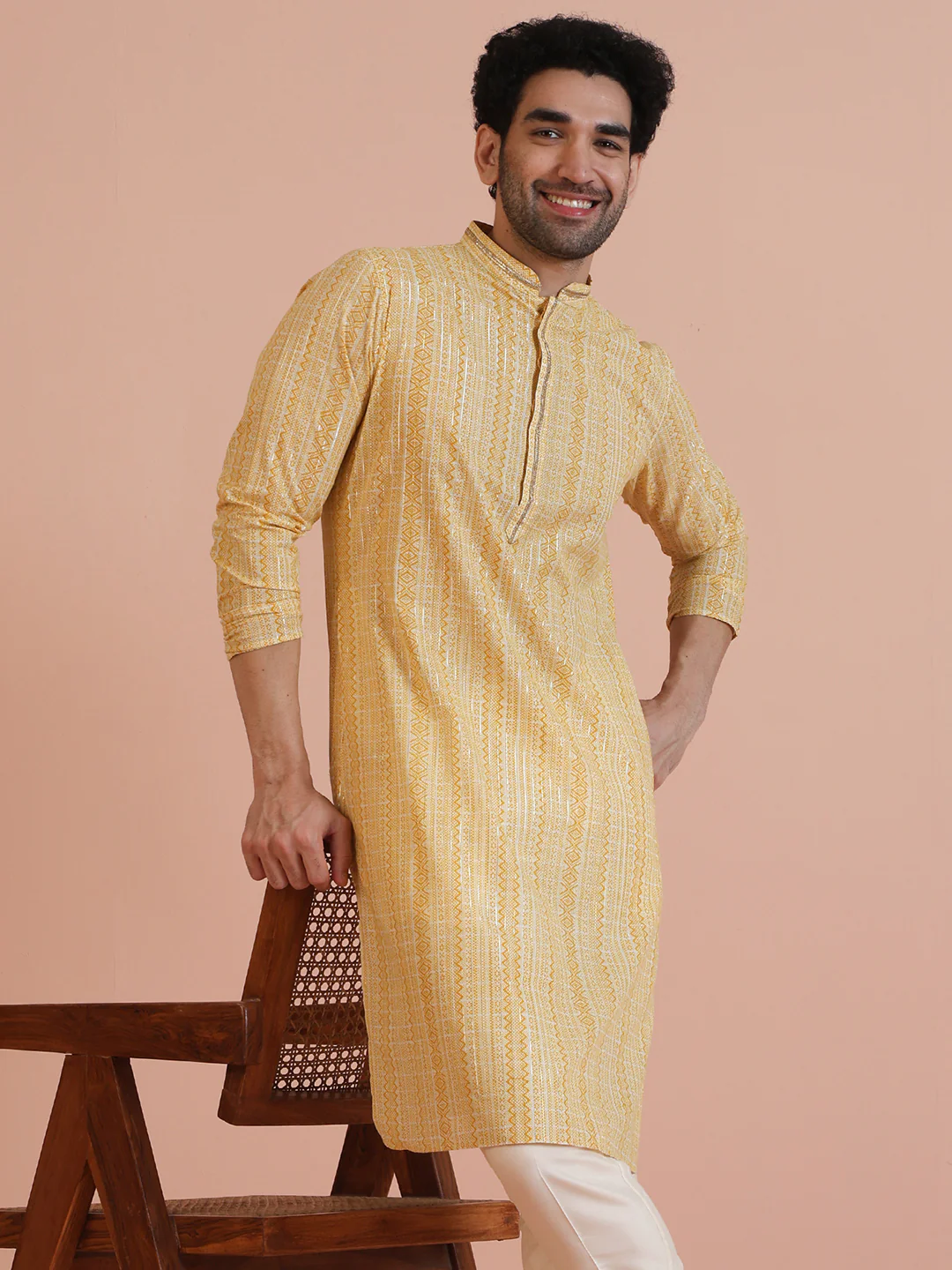 Yellow Cotton Blend Jacquard Kurta Trouser Set - Image 9