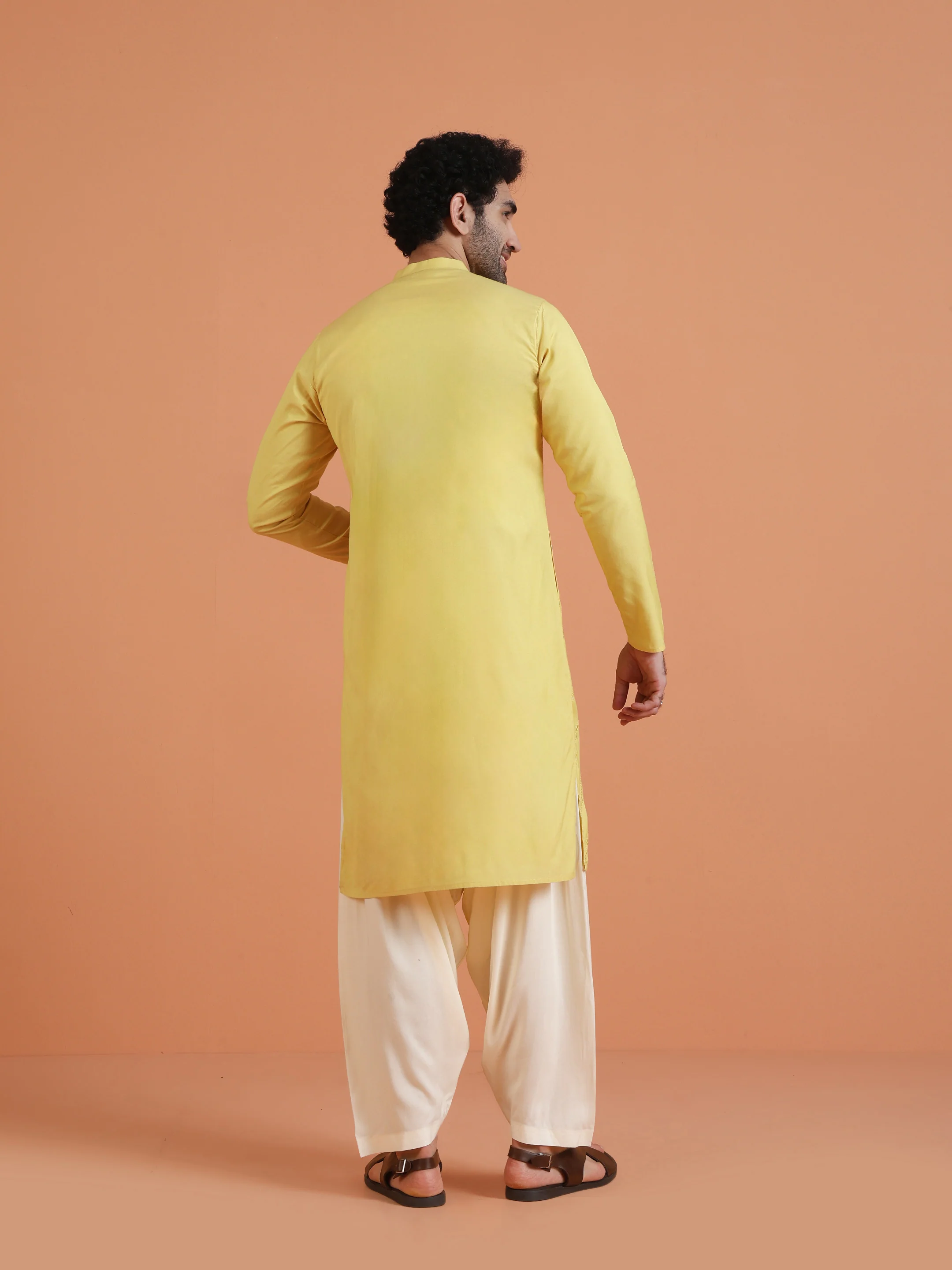 Yellow Cotton Silk Mirror Work Kurta - Image 4