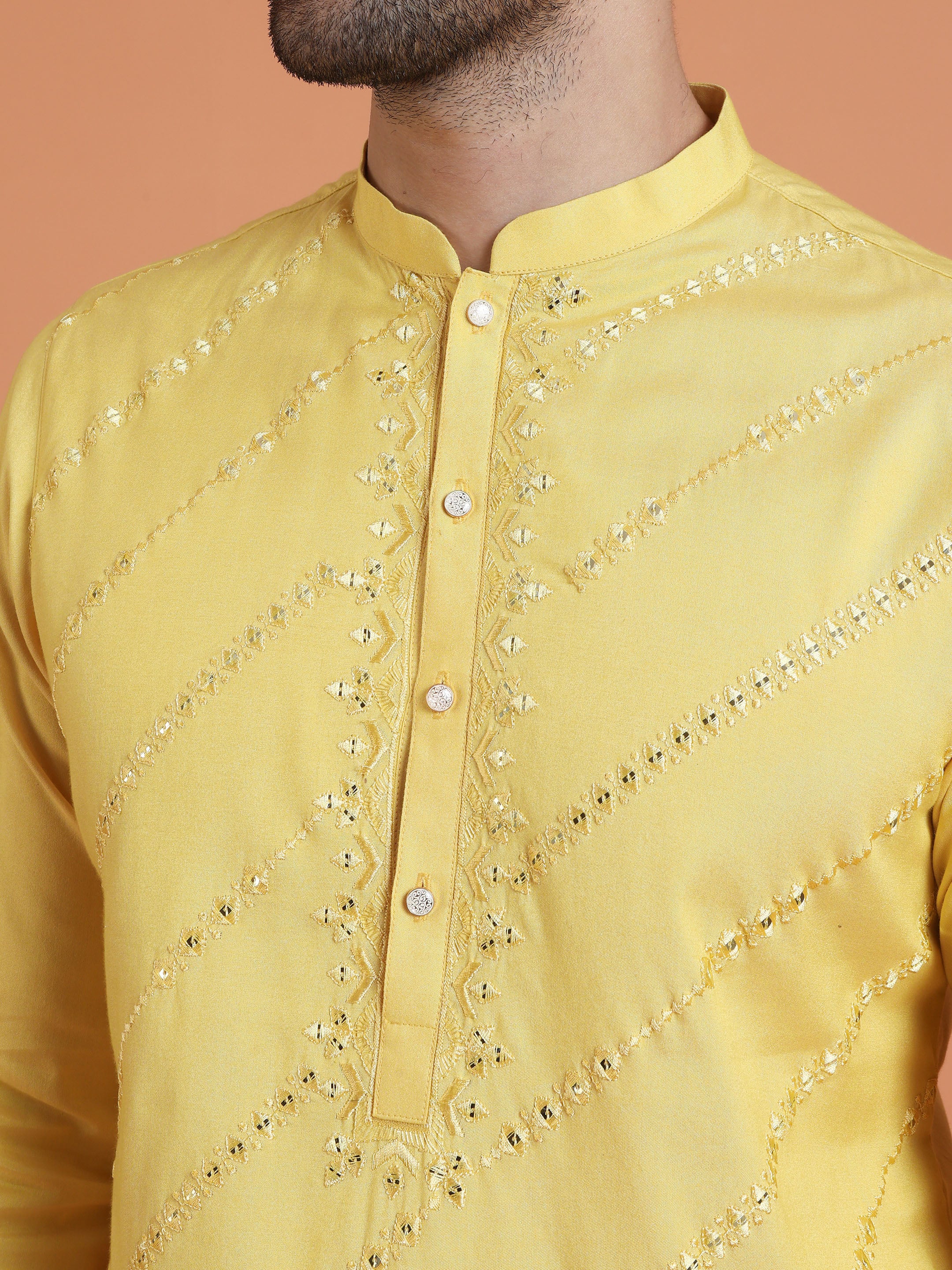 Yellow Cotton Silk Mirror Work Kurta - Image 5