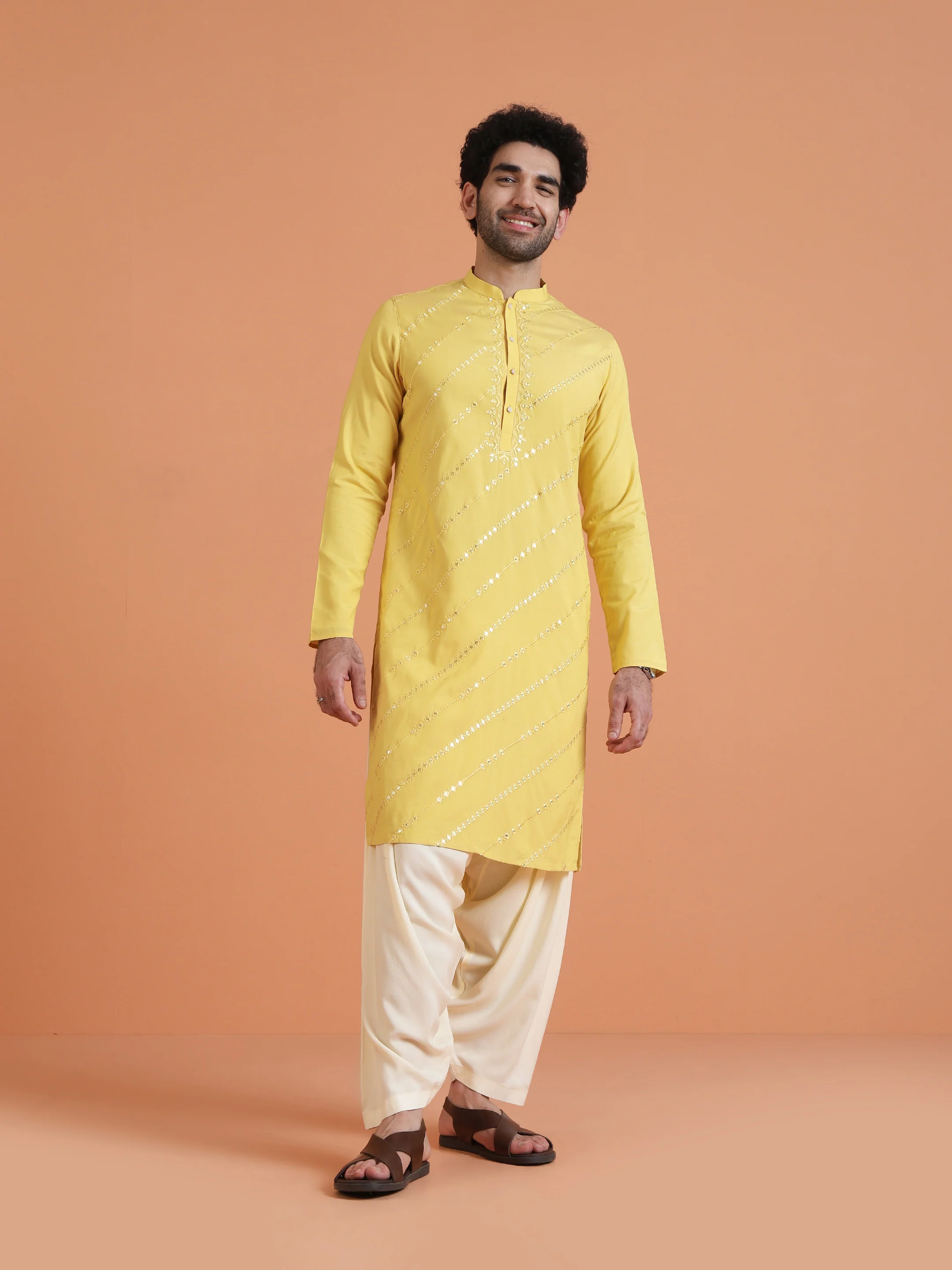 Yellow Cotton Silk Mirror Work Kurta - Image 6