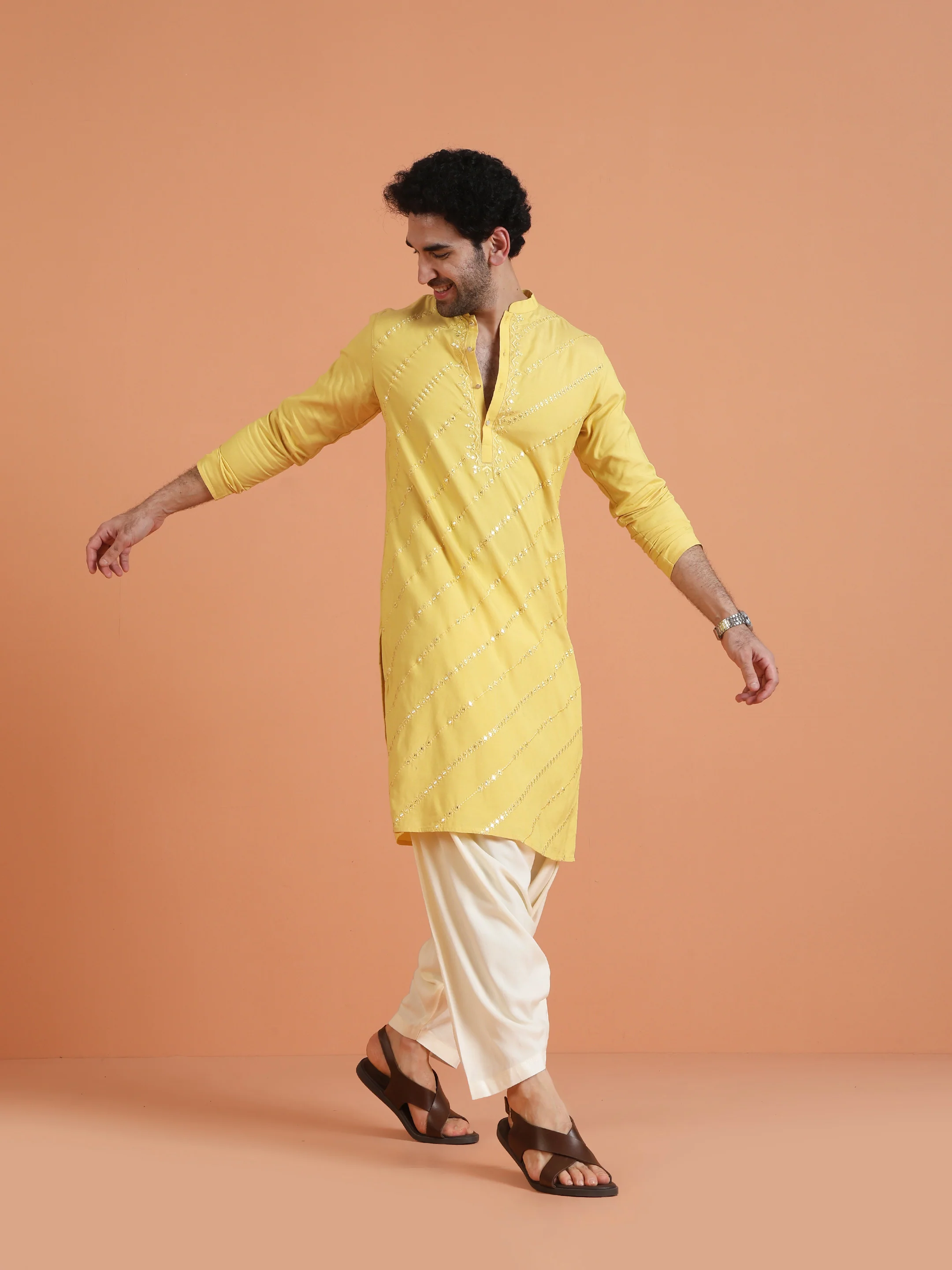 Yellow Cotton Silk Mirror Work Kurta - Image 7