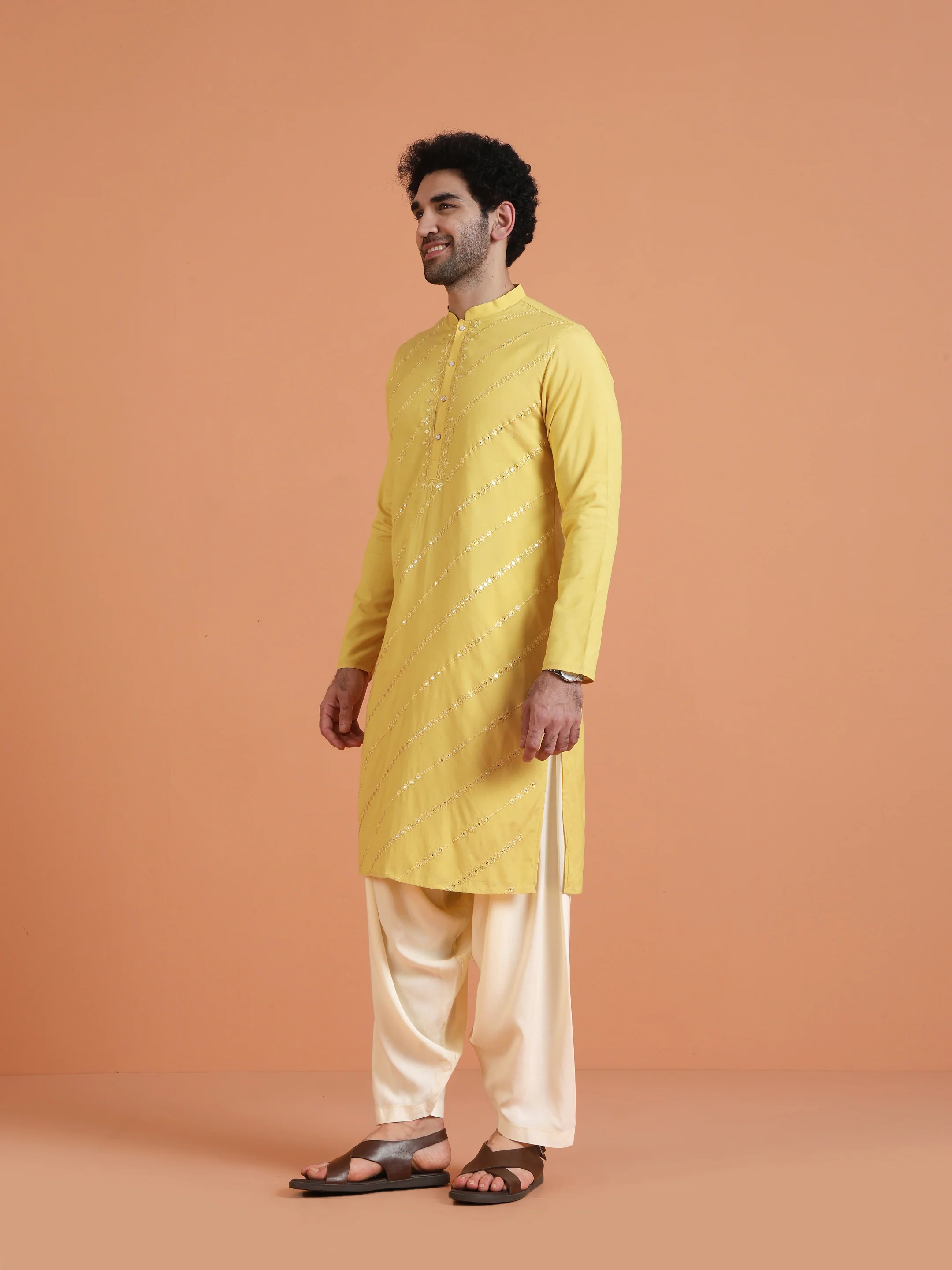 Yellow Embroidered Kurta with White Patiala Set - Image 2