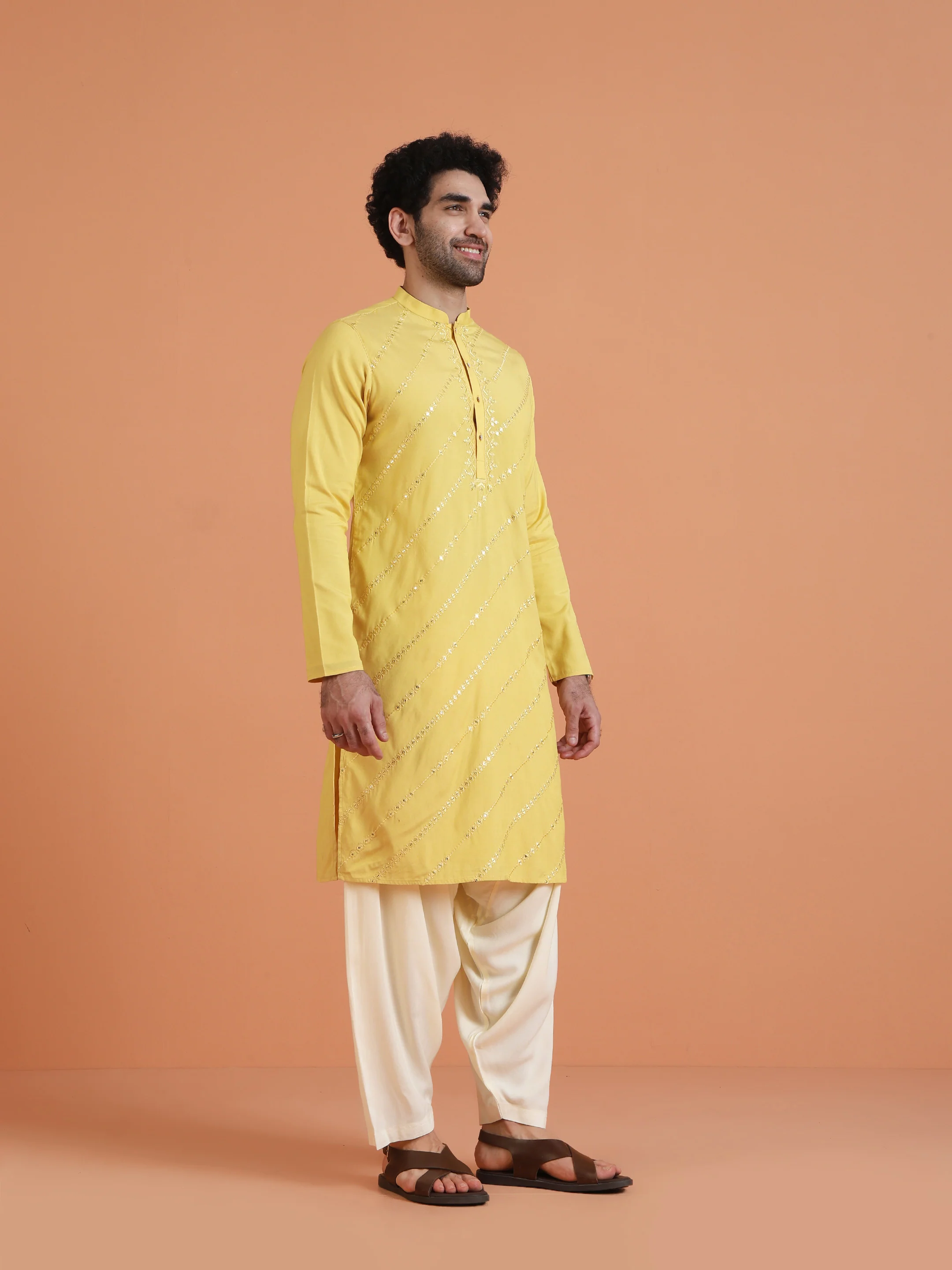 Yellow Embroidered Kurta with White Patiala Set - Image 3