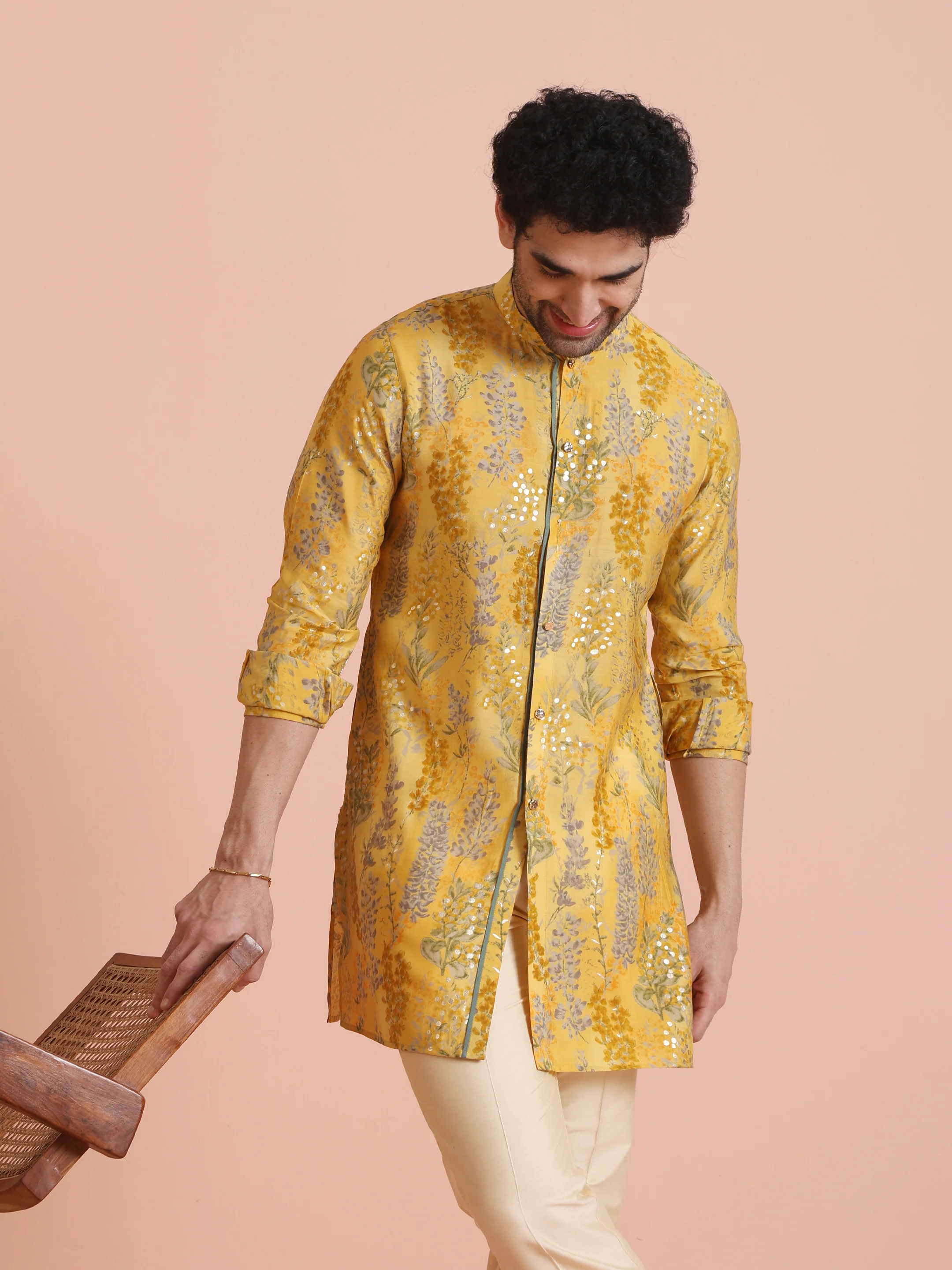 Yellow Floral Mirror Print Kurta Set - Image 8