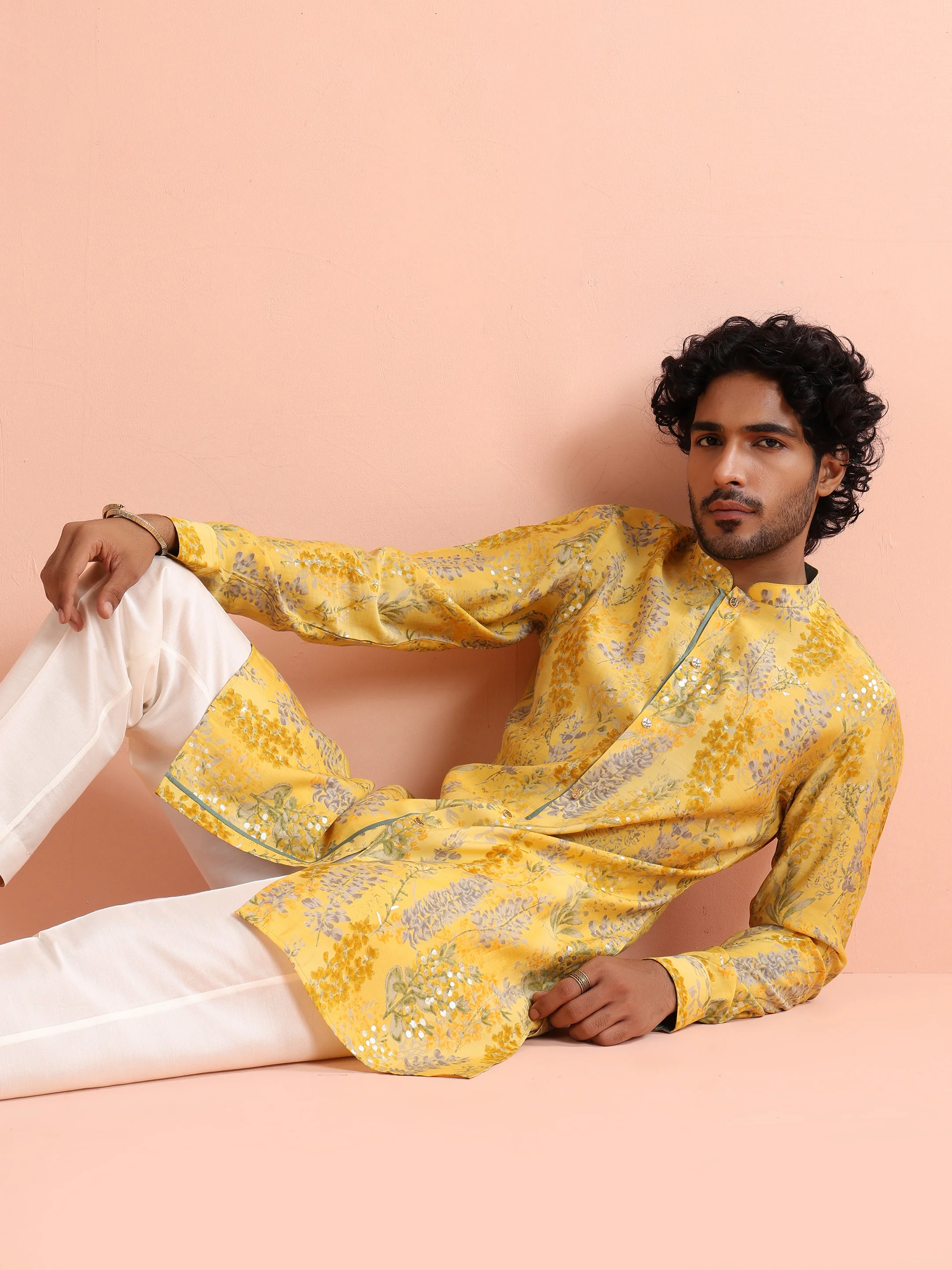Yellow Floral Sequinned Mid Kurta - Image 10
