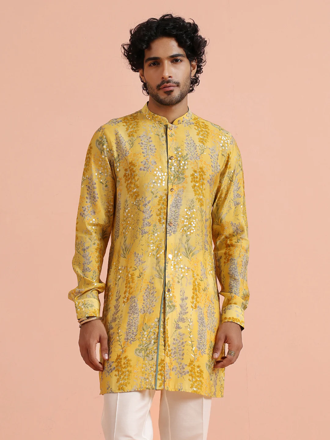 Yellow Floral Sequinned Mid Kurta - Image 11