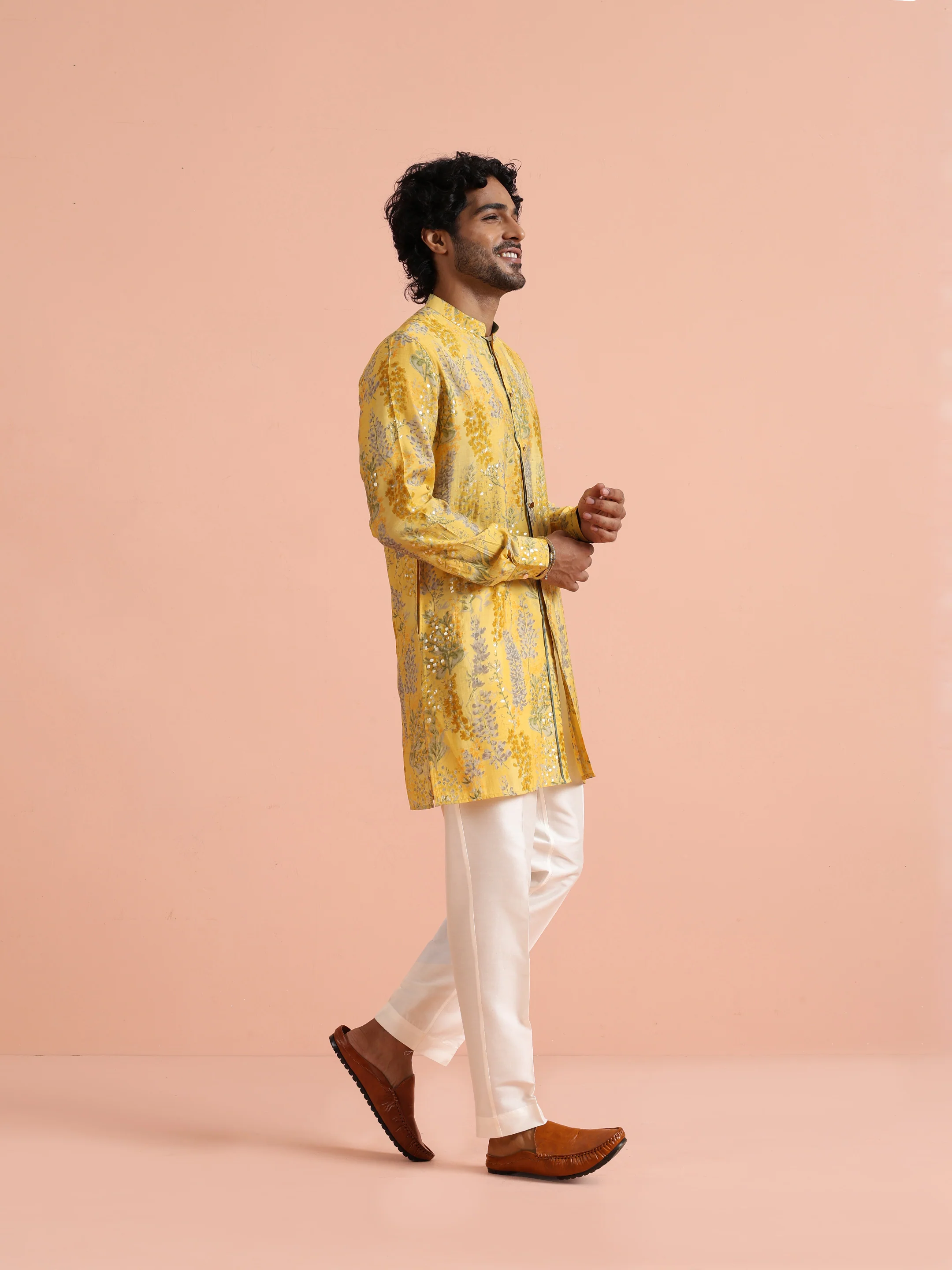 Yellow Floral Sequinned Mid Kurta - Image 2