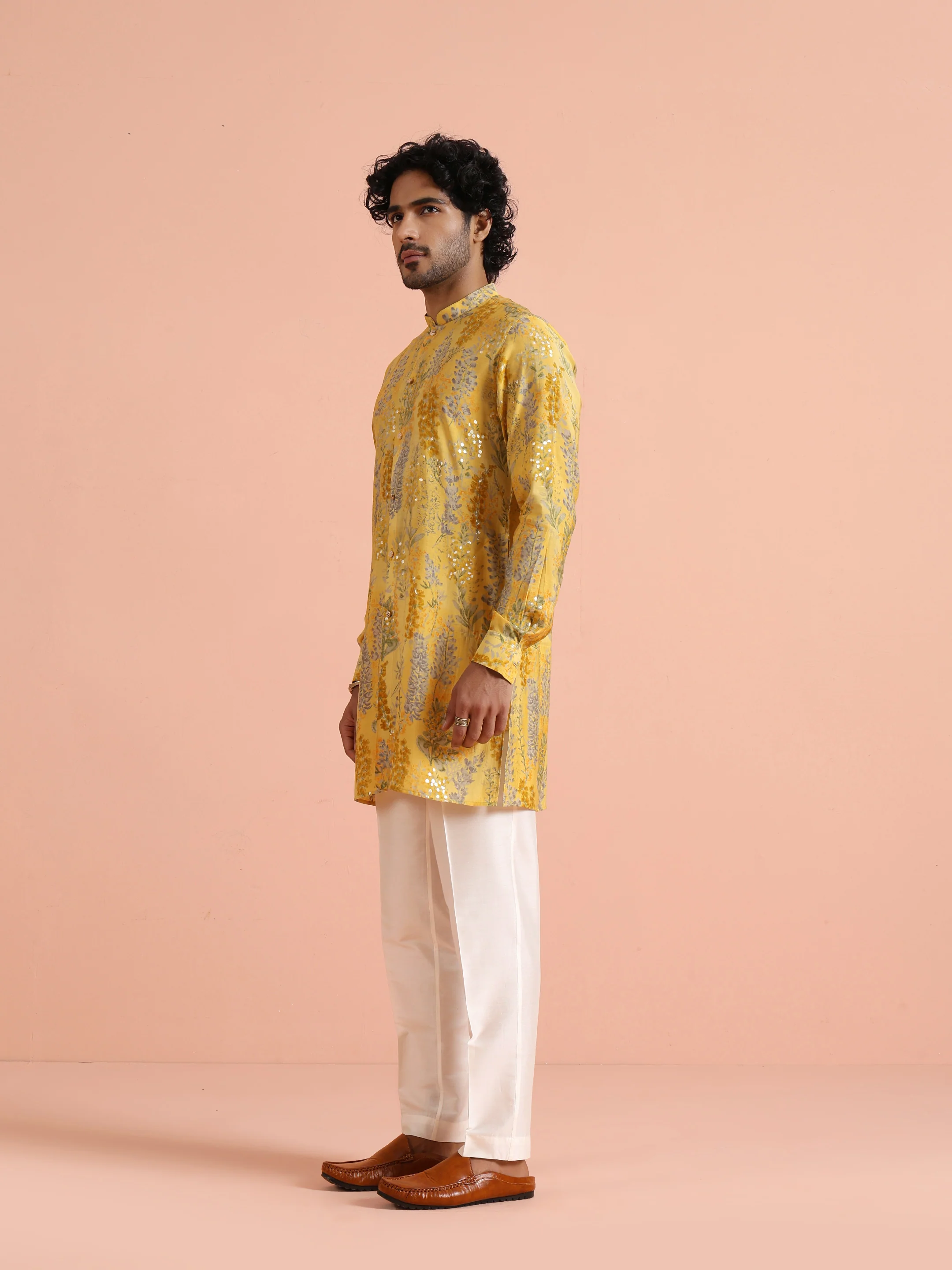 Yellow Floral Sequinned Mid Kurta - Image 3