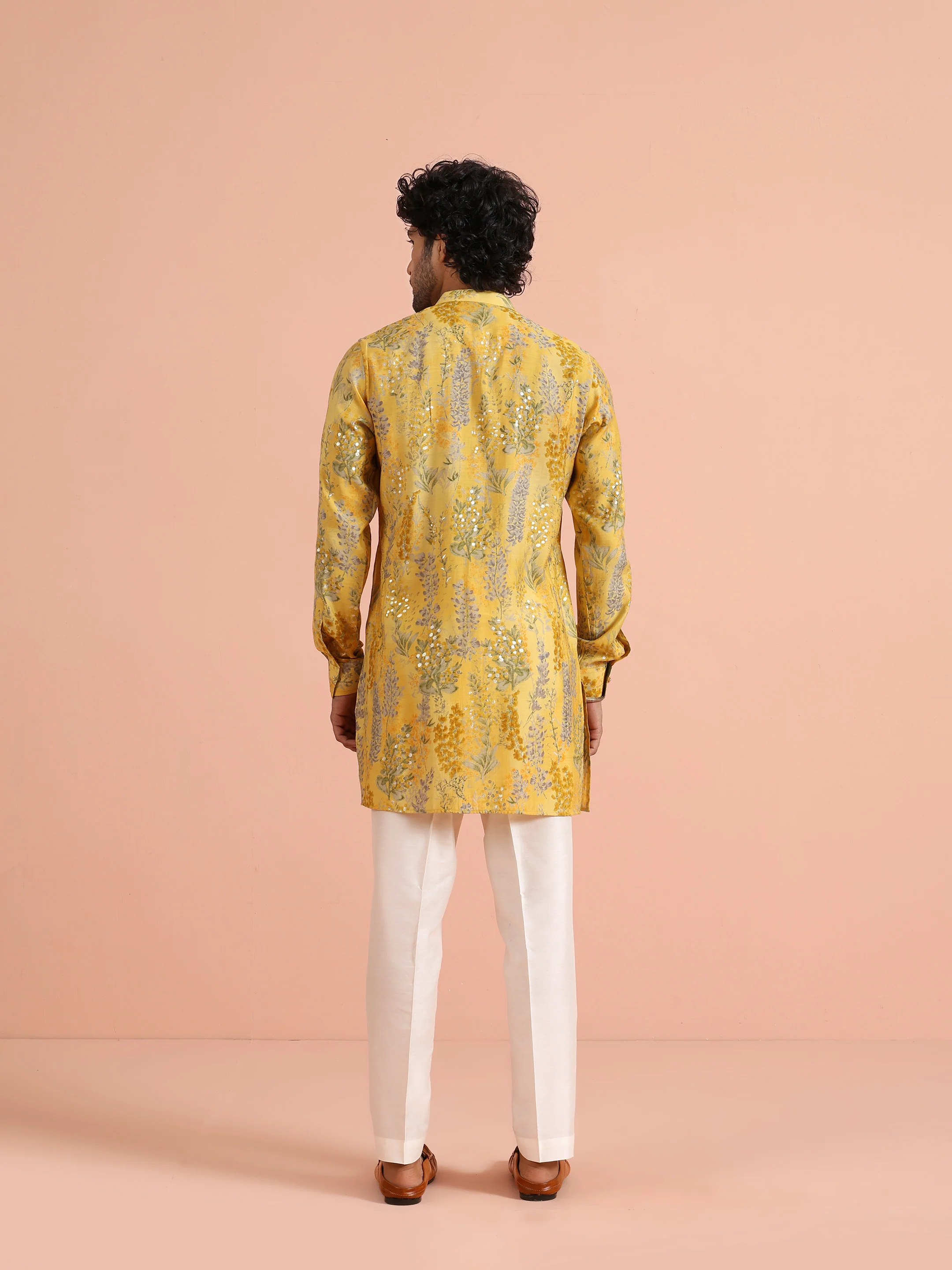 Yellow Floral Sequinned Mid Kurta - Image 4