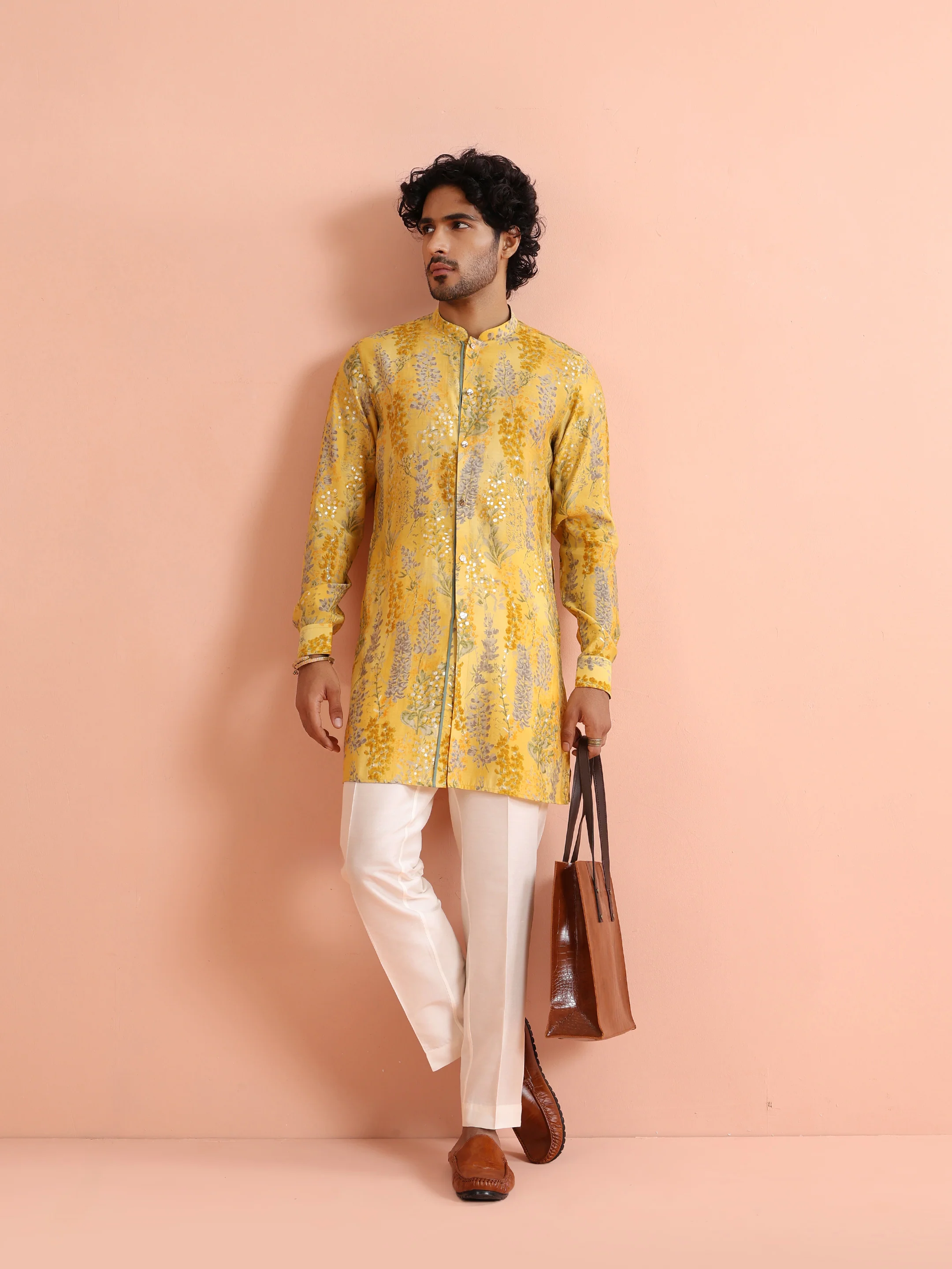 Yellow Floral Sequinned Mid Kurta - Image 8