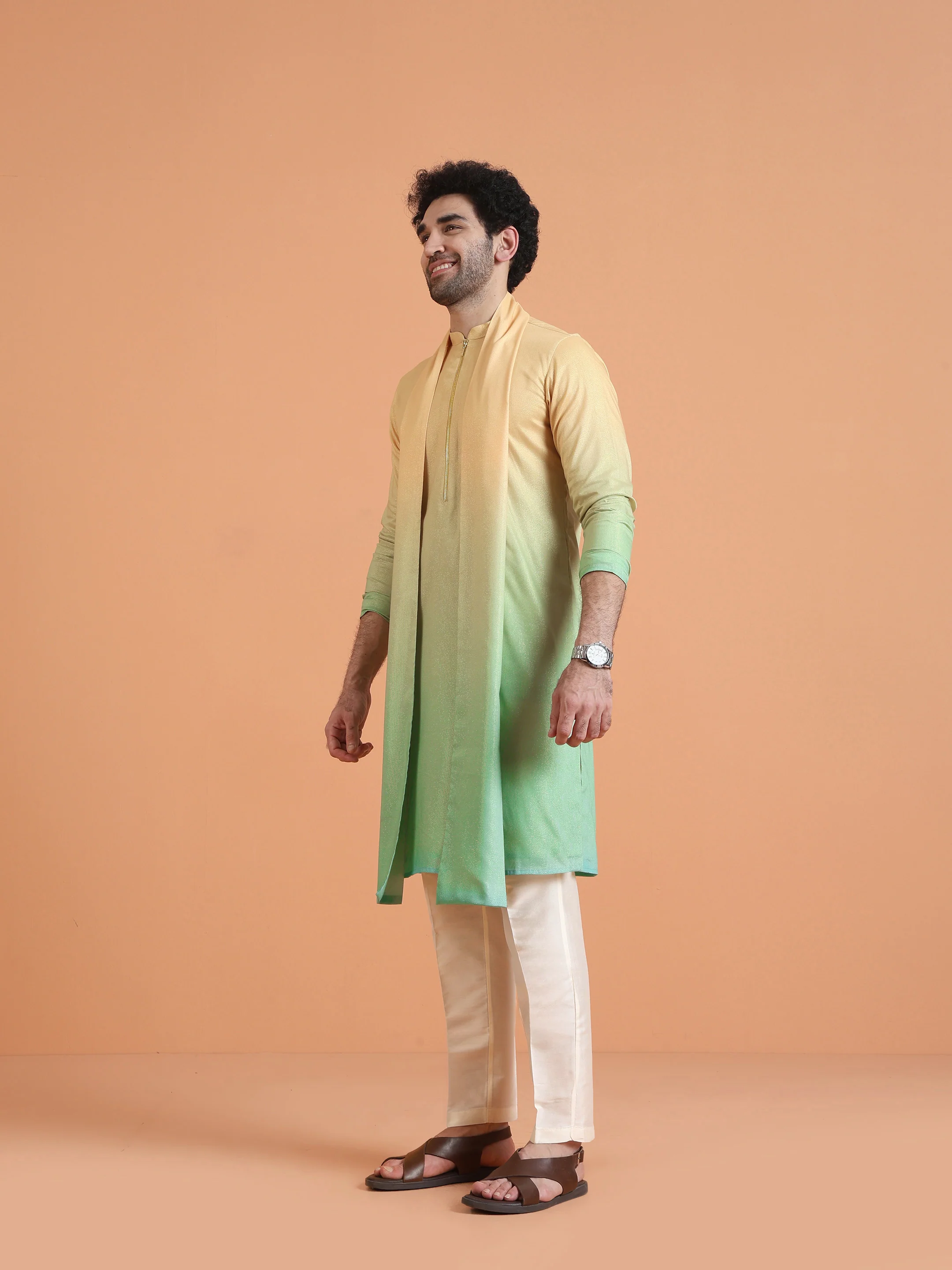 Yellow Green Ombre Cotton Silk Dupatta - Image 3
