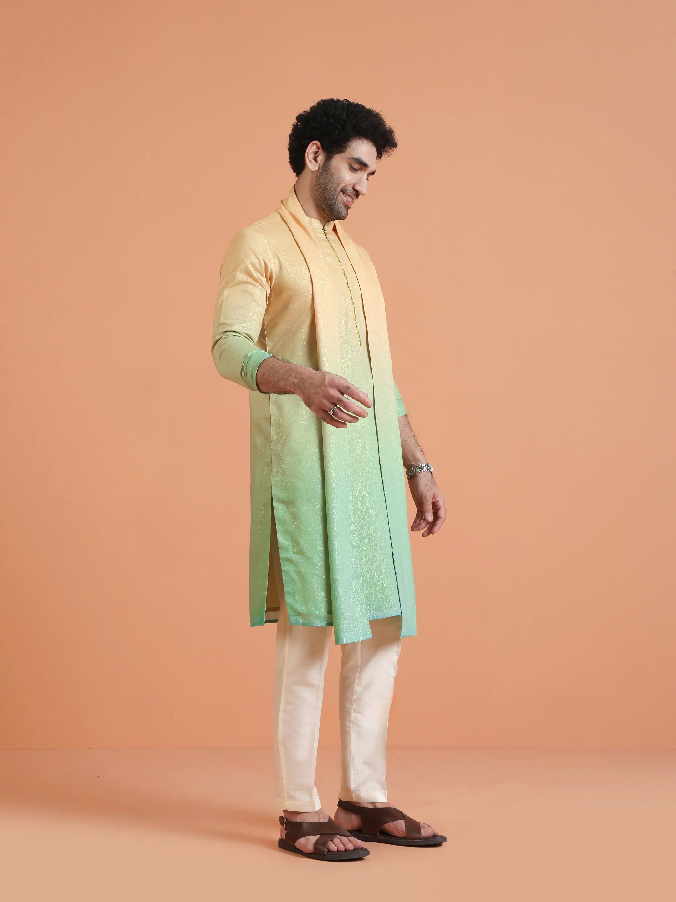 Yellow Green Ombre Satin Metallic Kurta Trouser Dupatta - Image 2