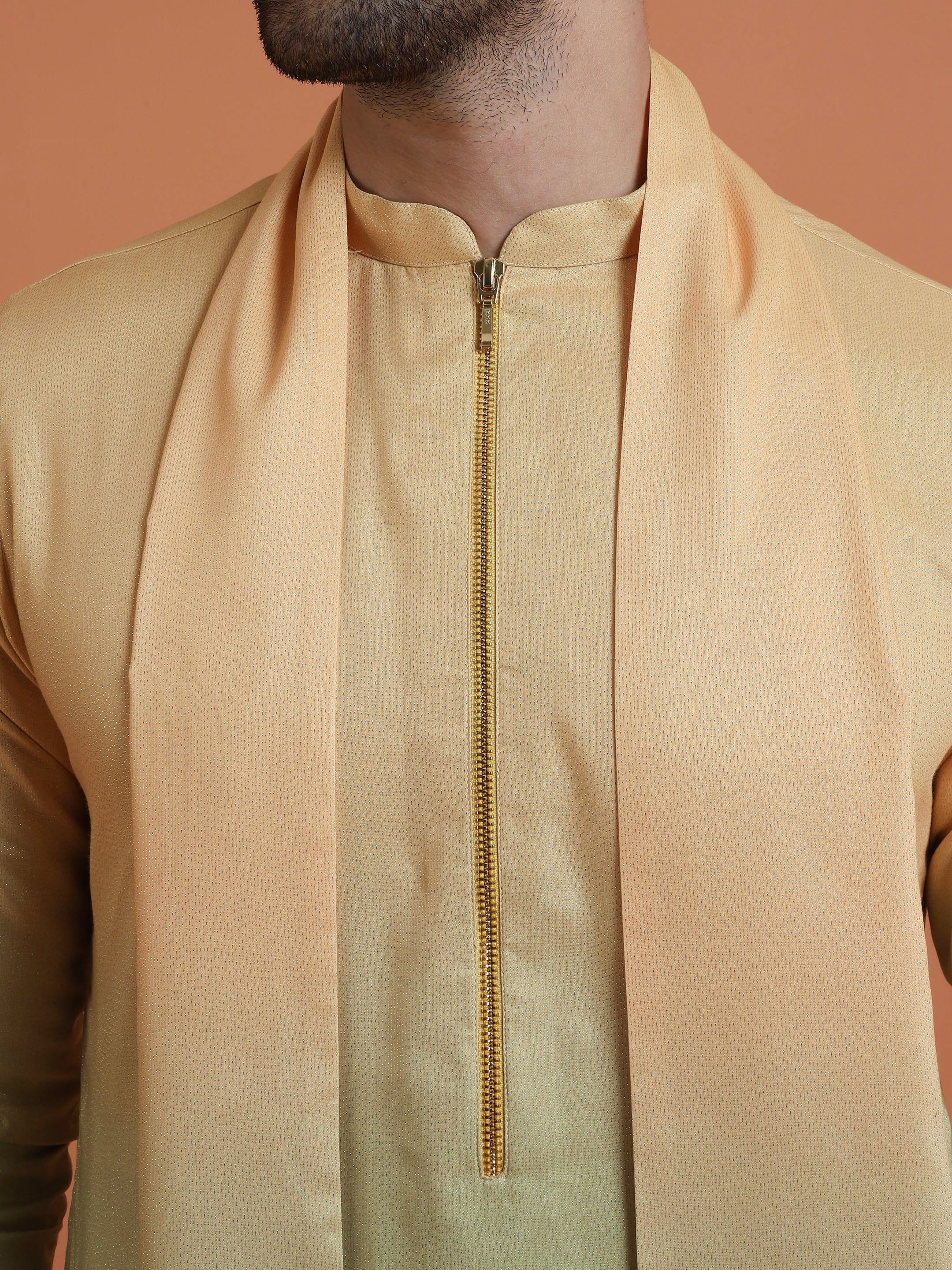 Yellow Green Ombre Satin Metallic Kurta Trouser Dupatta - Image 5