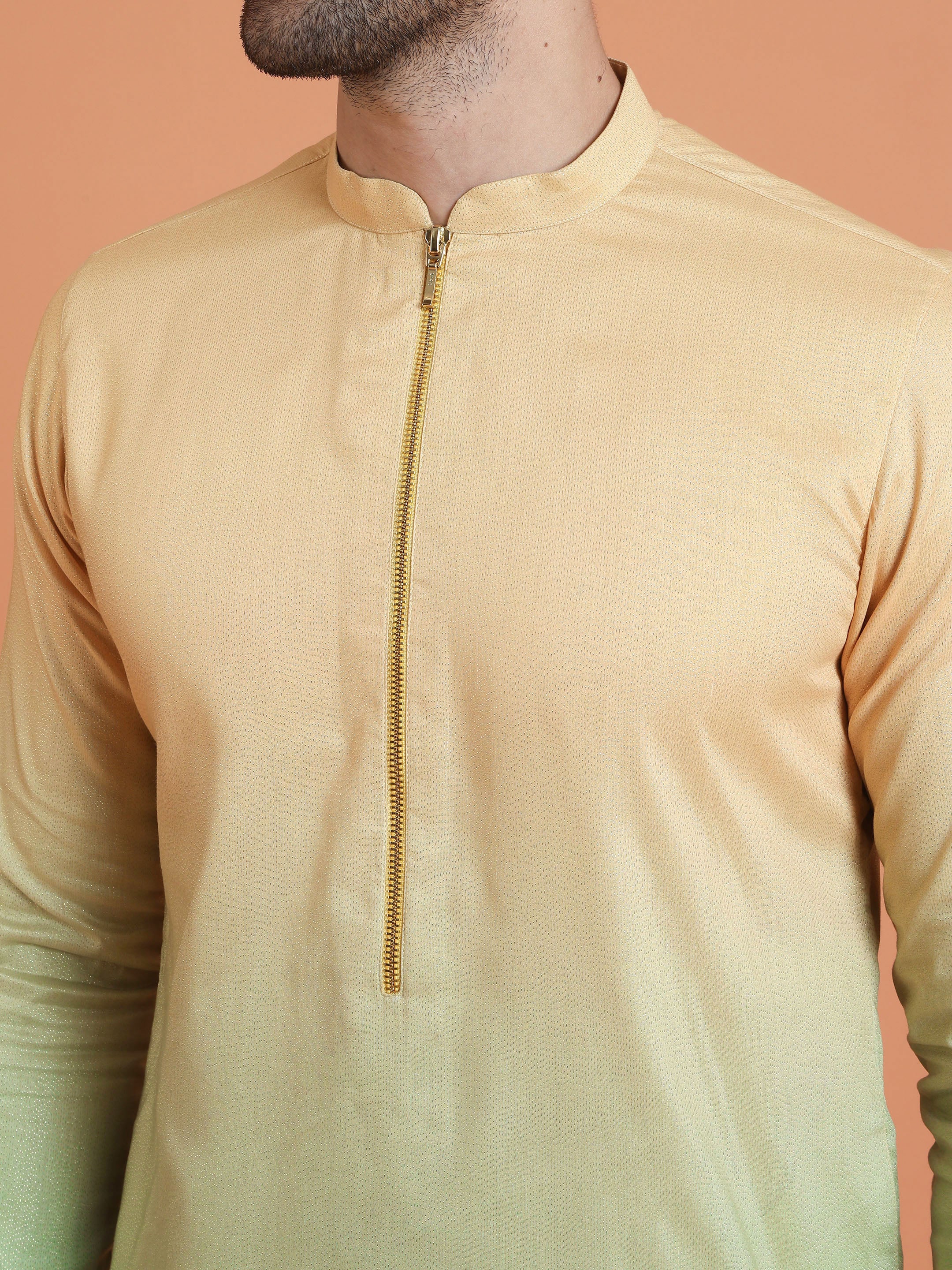 Yellow Green Ombre Satin Metallic Kurta Trouser Dupatta - Image 6