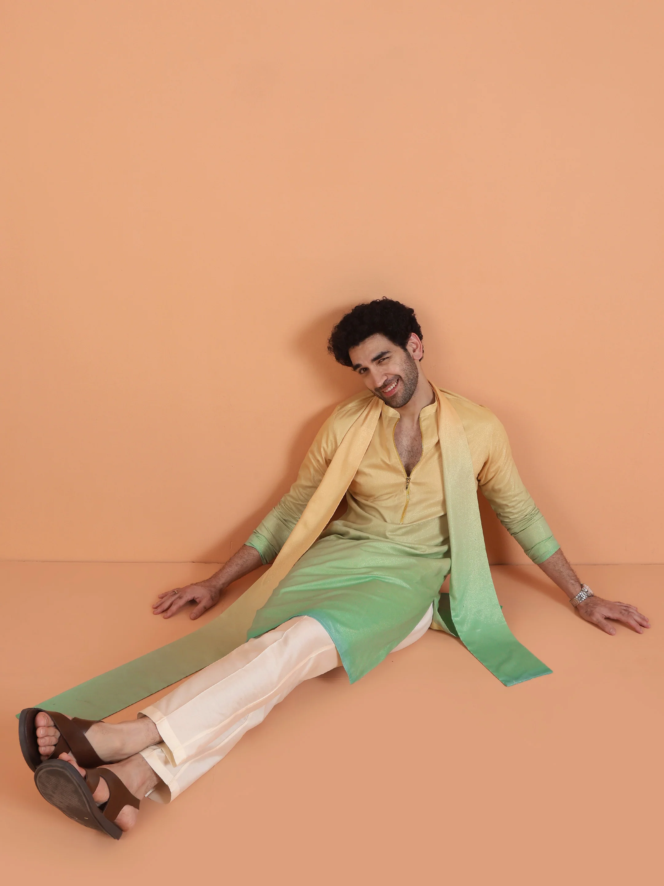 Yellow Green Ombre Satin Metallic Kurta Trouser Dupatta - Image 7