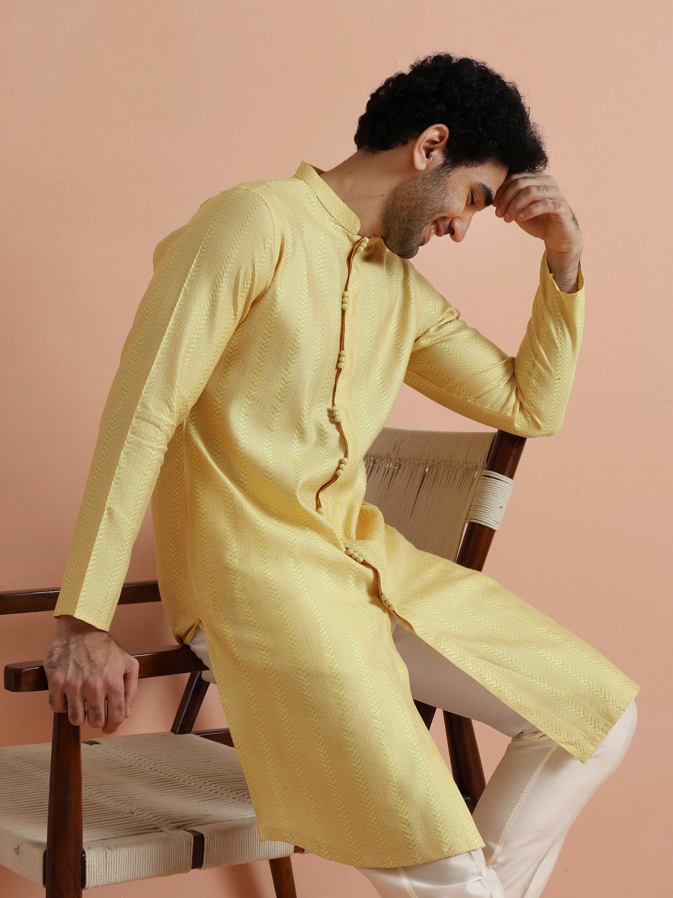 Yellow Jacquard Woven Kurta - Image 6