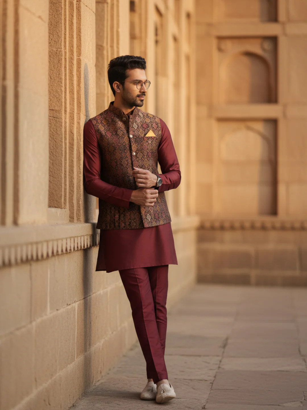 Maroon Jacquard Kurta Jacket Set - Image 10
