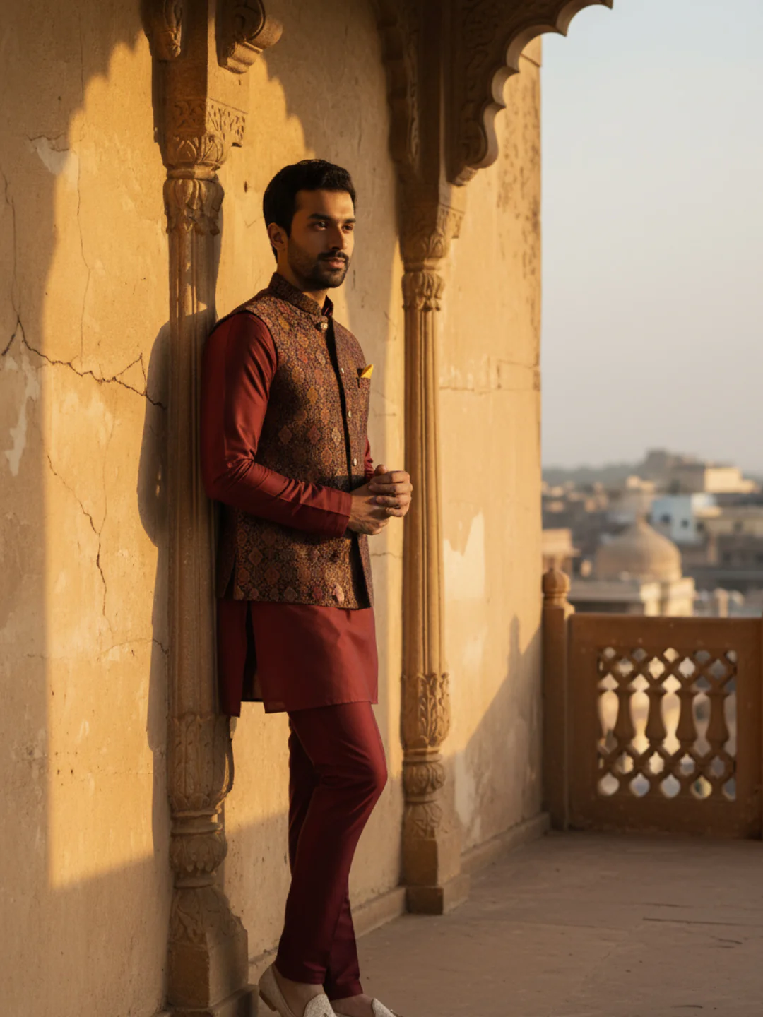 Maroon Jacquard Kurta Jacket Set - Image 2