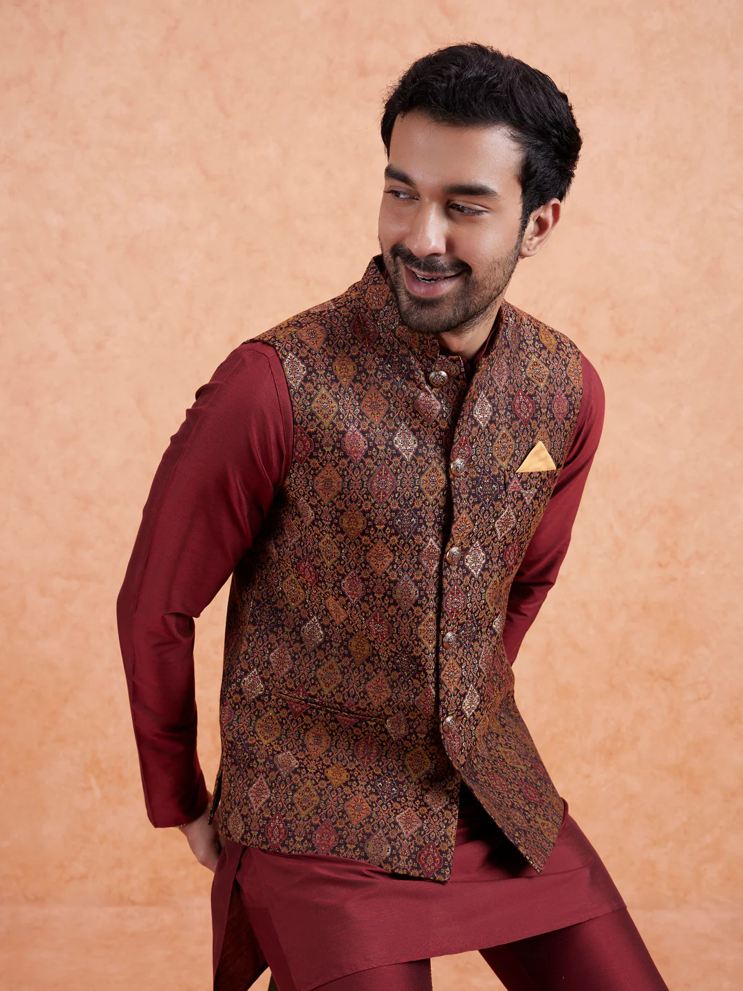 Maroon Jacquard Kurta Jacket Set - Image 4