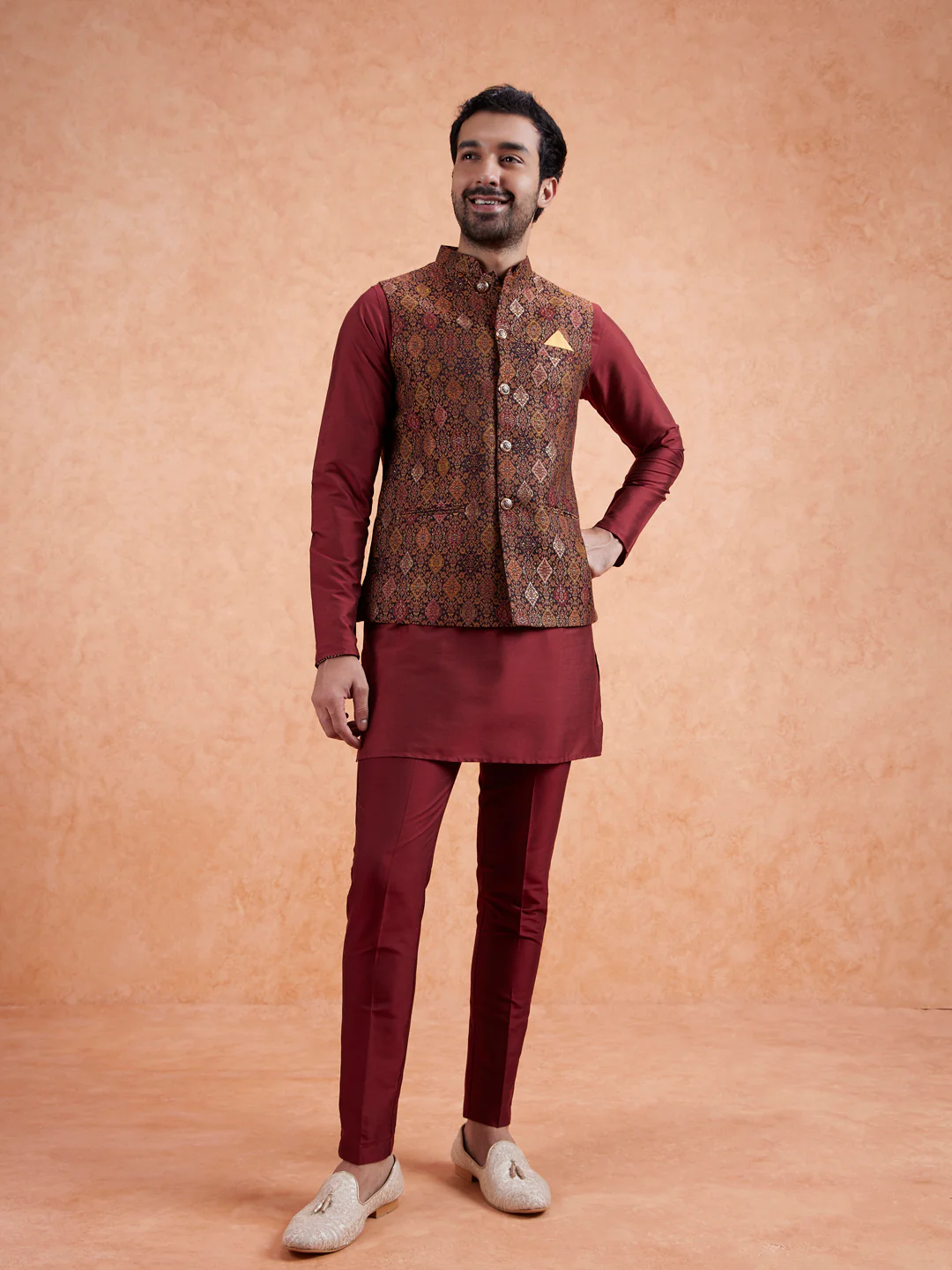 Maroon Jacquard Kurta Jacket Set - Image 9