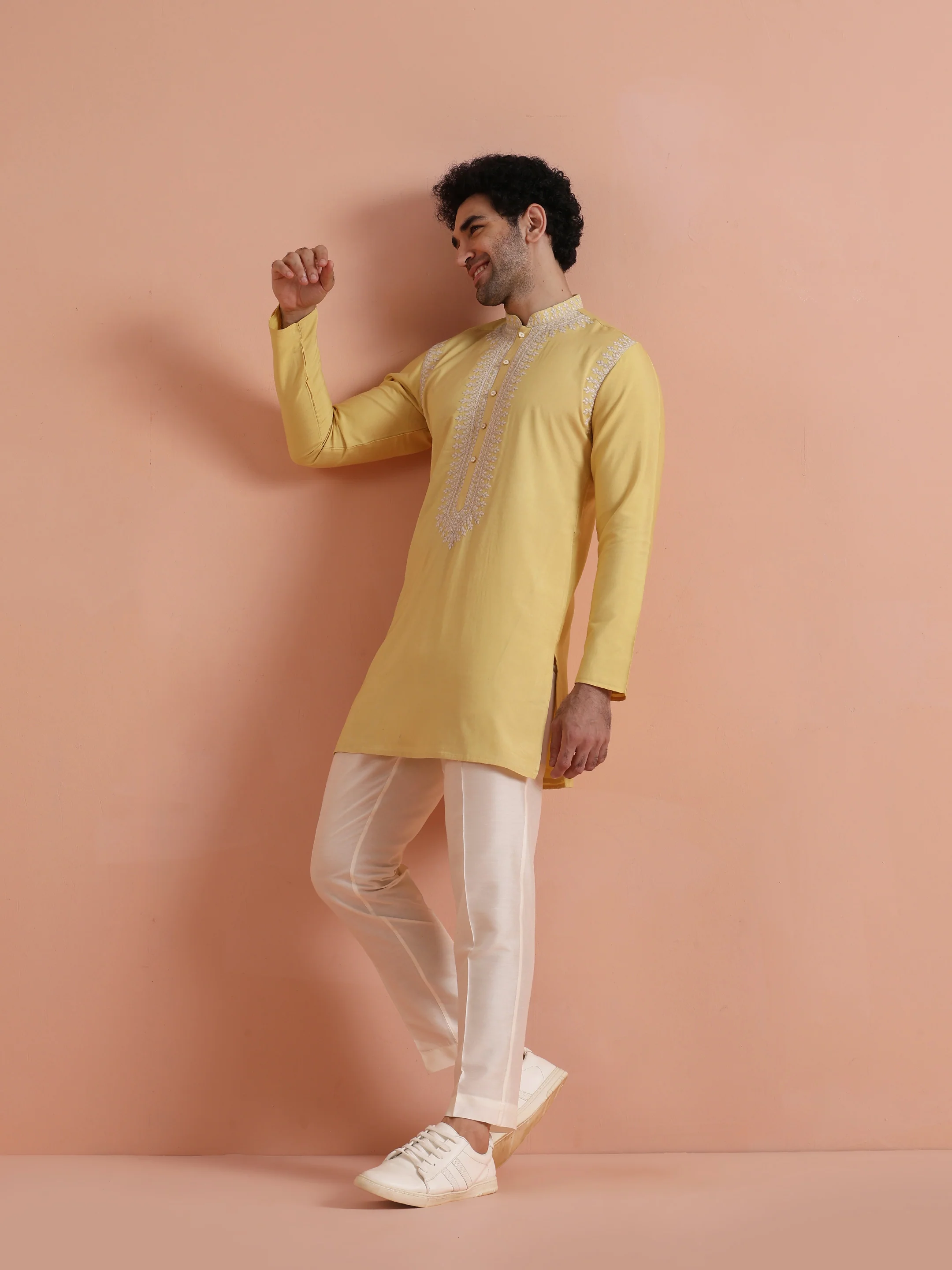 Yellow Poly Silk Embroidered Kurta - Image 3