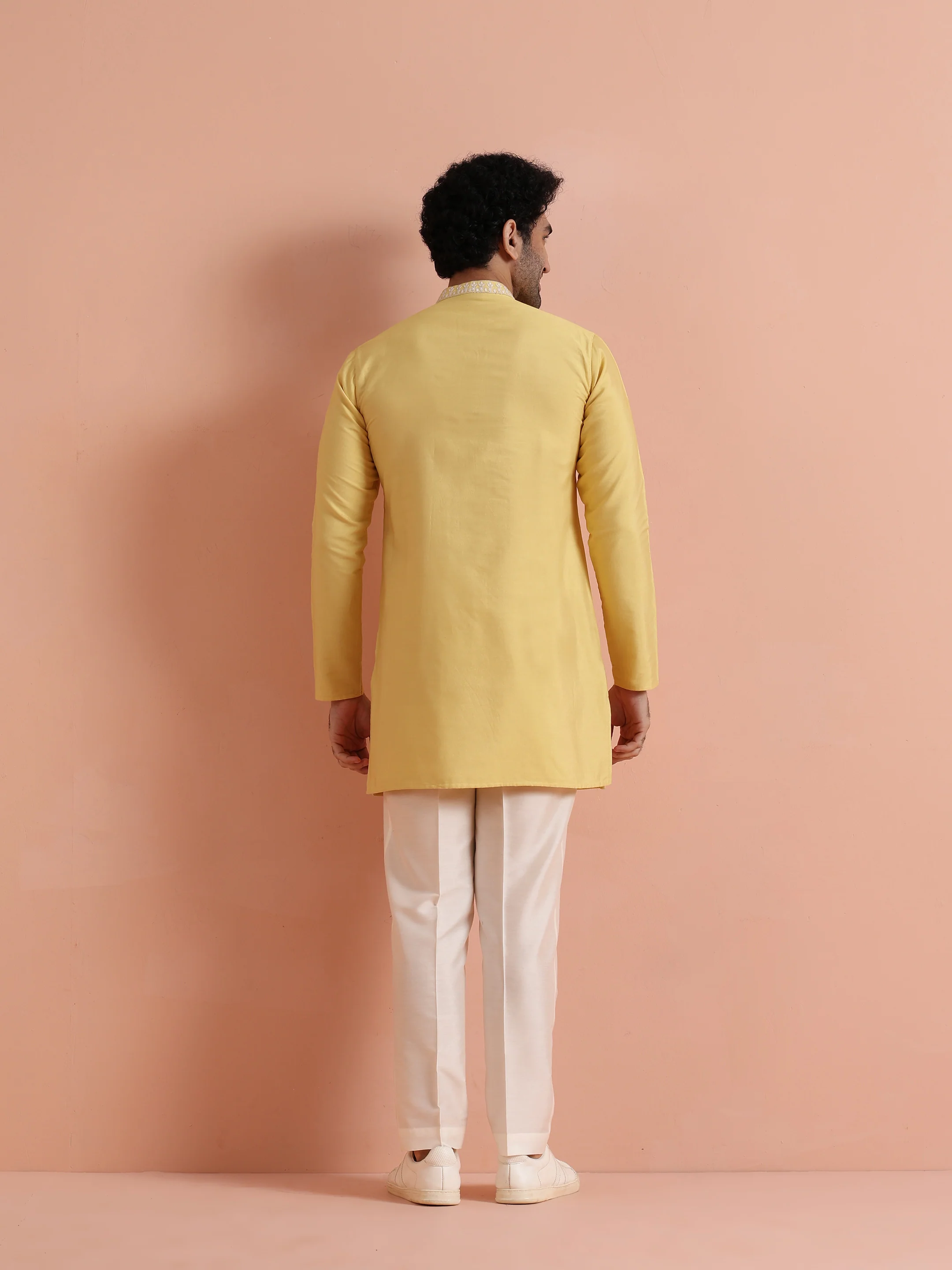 Yellow Poly Silk Embroidered Kurta - Image 4