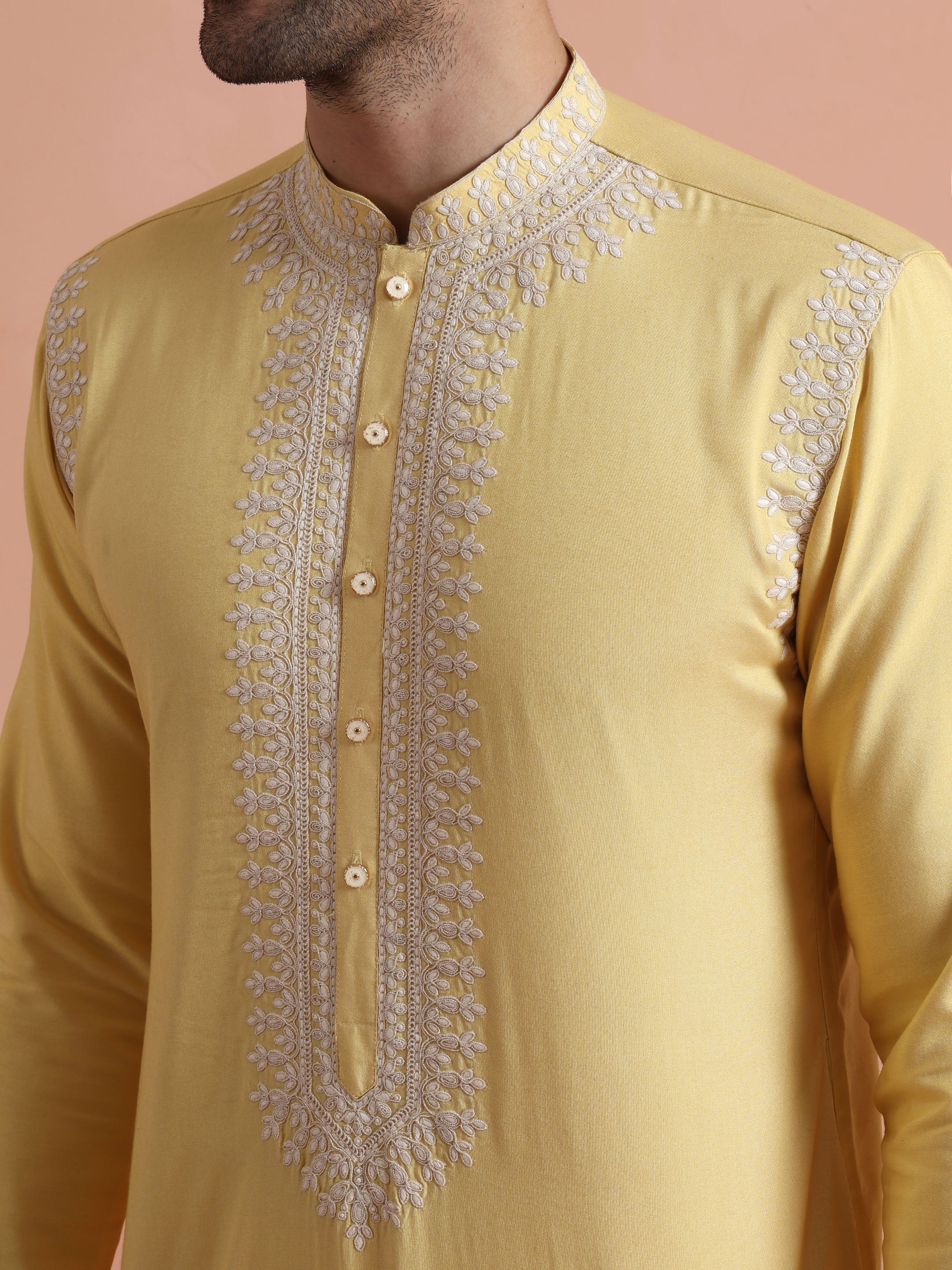 Yellow Poly Silk Embroidered Kurta - Image 5