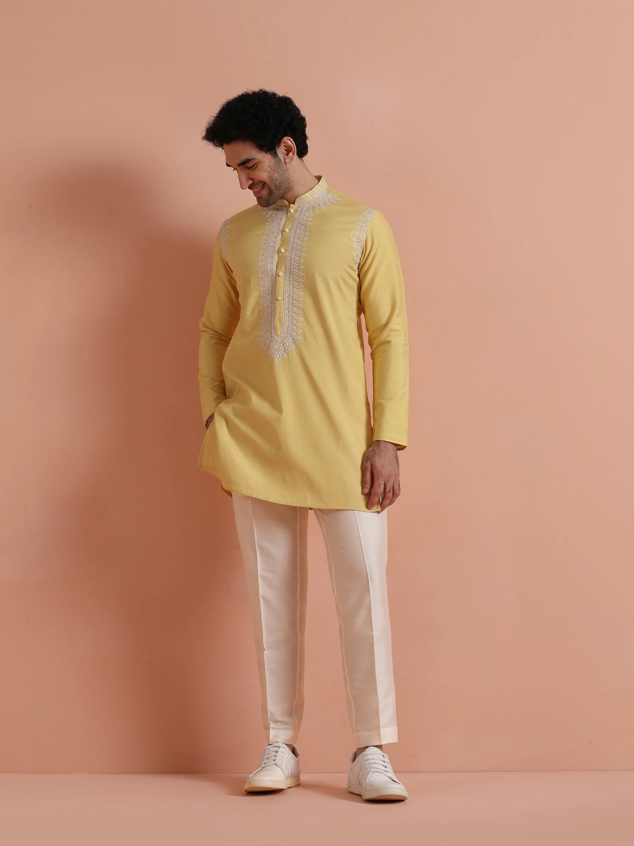 Yellow Poly Silk Embroidered Kurta - Image 6