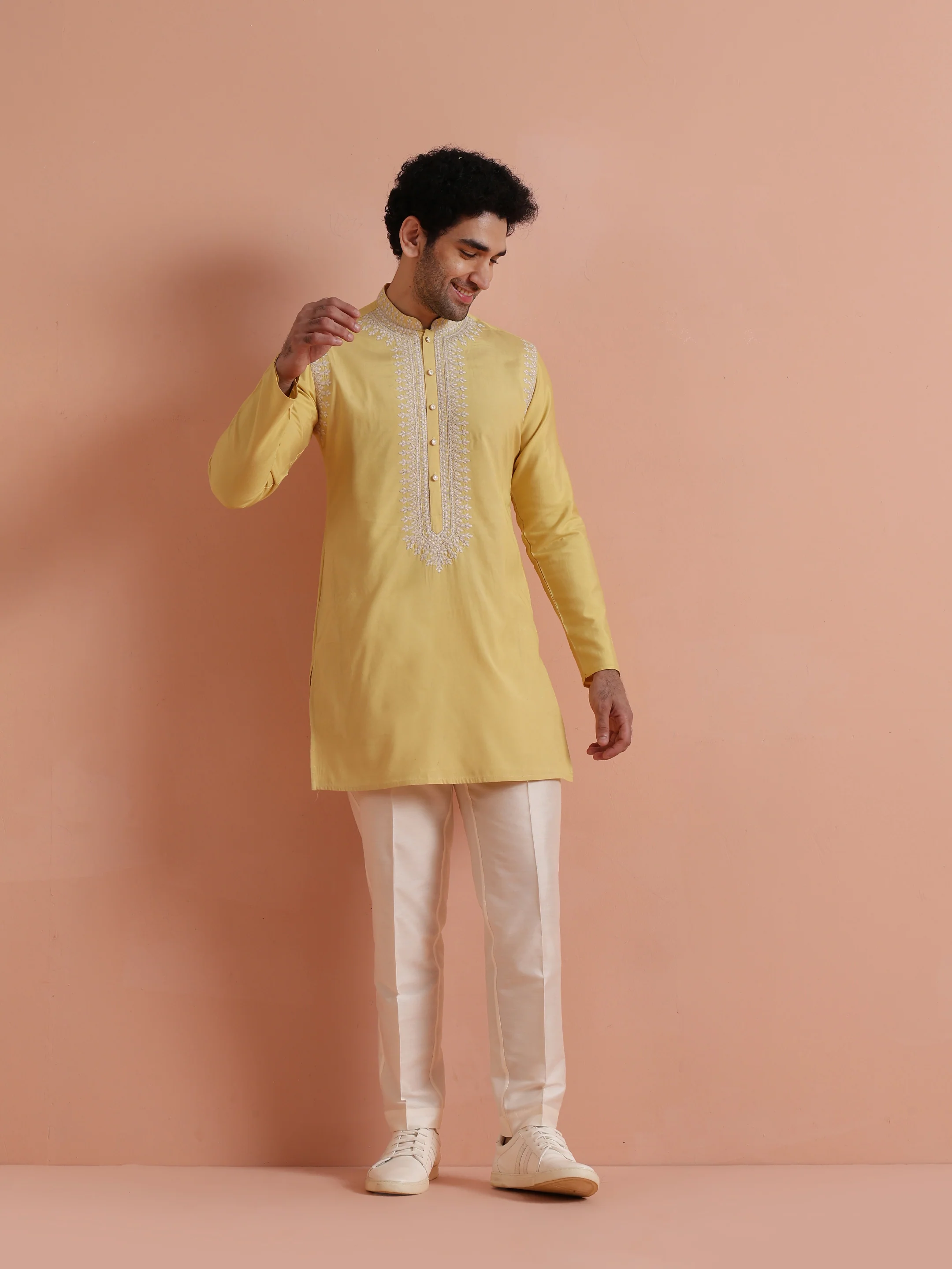 Yellow Poly Silk Embroidered Kurta - Image 7