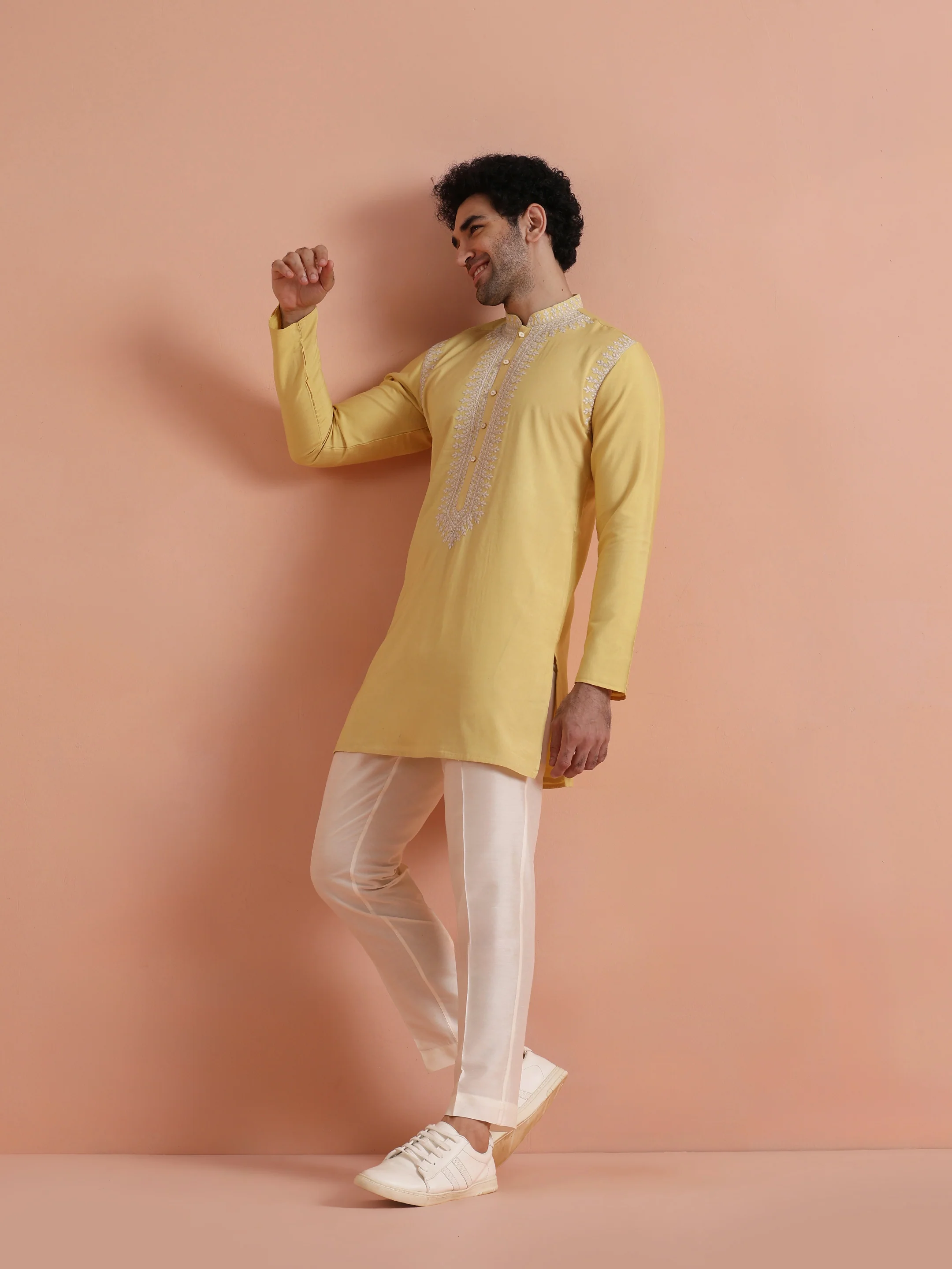 Yellow Poly Silk Embroidered Mid Kurta Set - Image 8