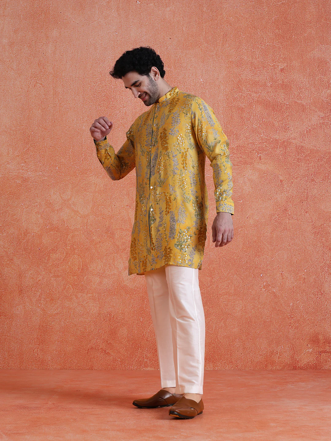 Yellow Polyviscose Printed Front Open Mid Kurta Wide Leg Trouser Set - Image 3