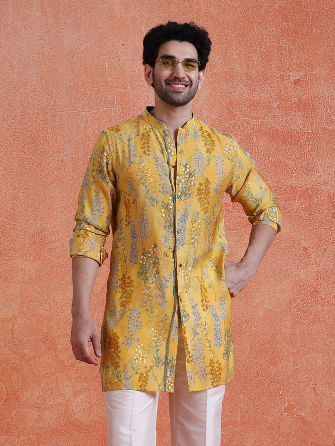 Yellow Polyviscose Printed Front Open Mid Kurta Wide Leg Trouser Set - Image 9