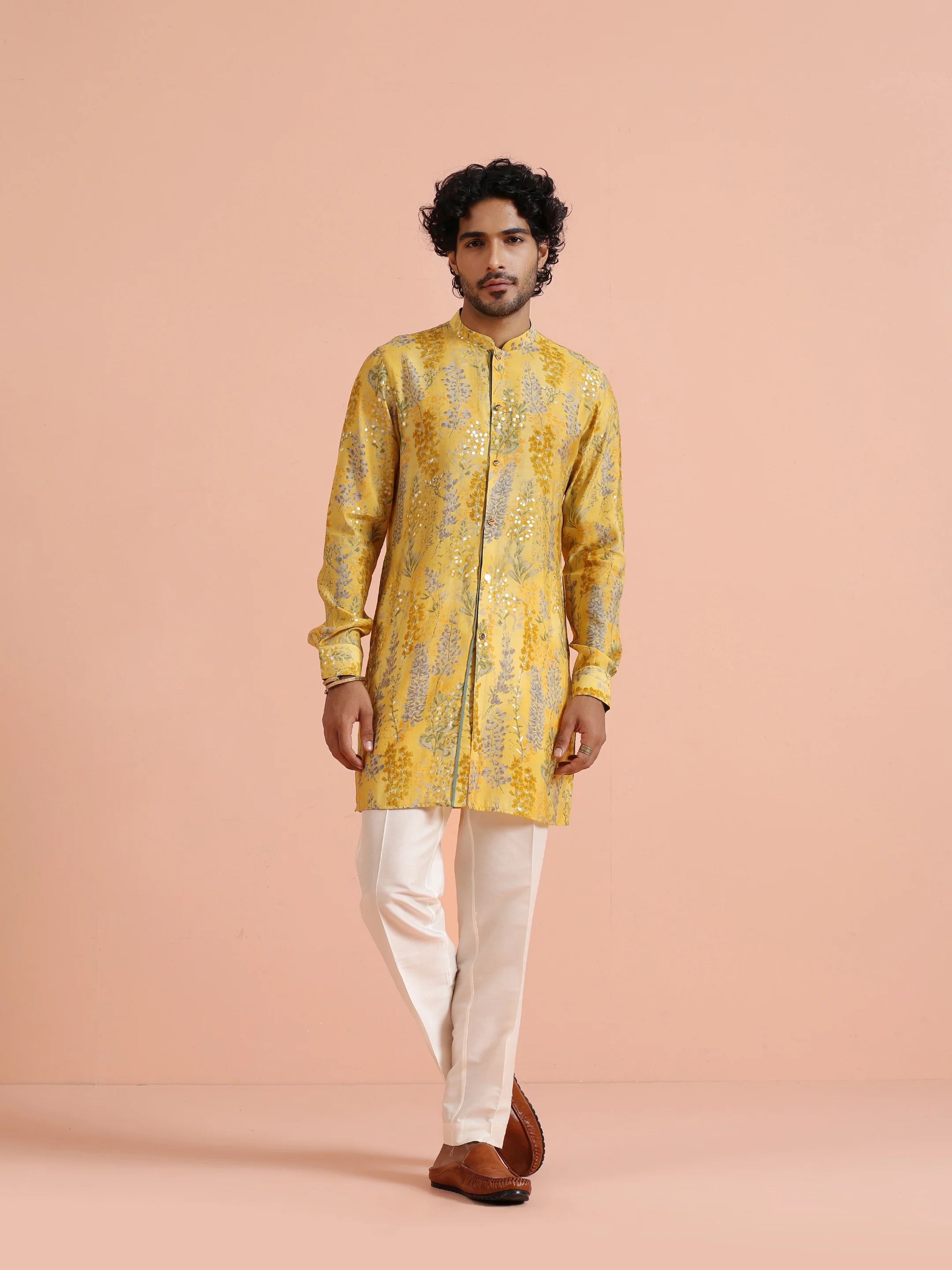 Yellow Printed Embellished Cotton Kurta Trouser Set - Image 9