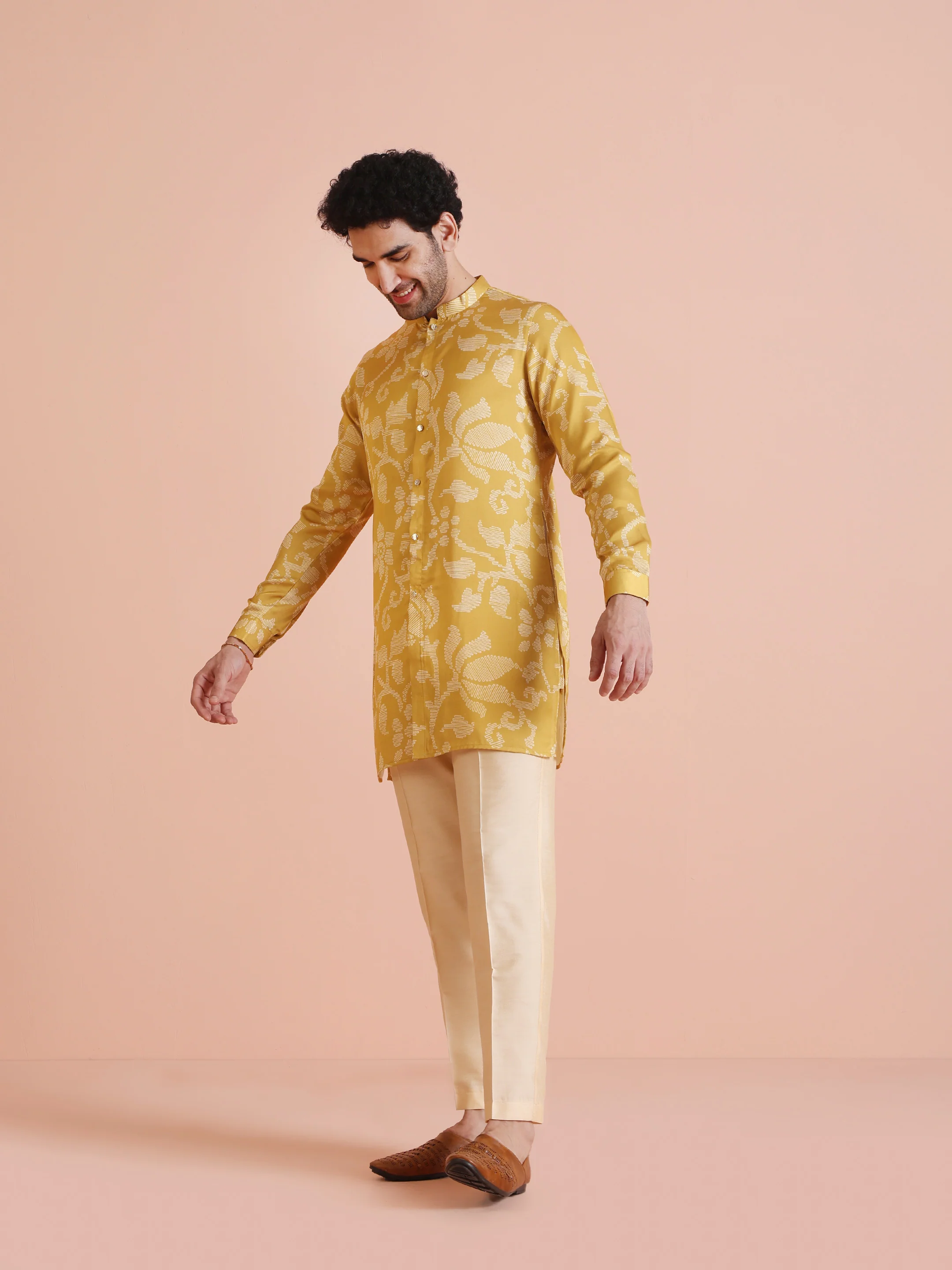 Yellow Printed Front Open Kurta Set - Image 2