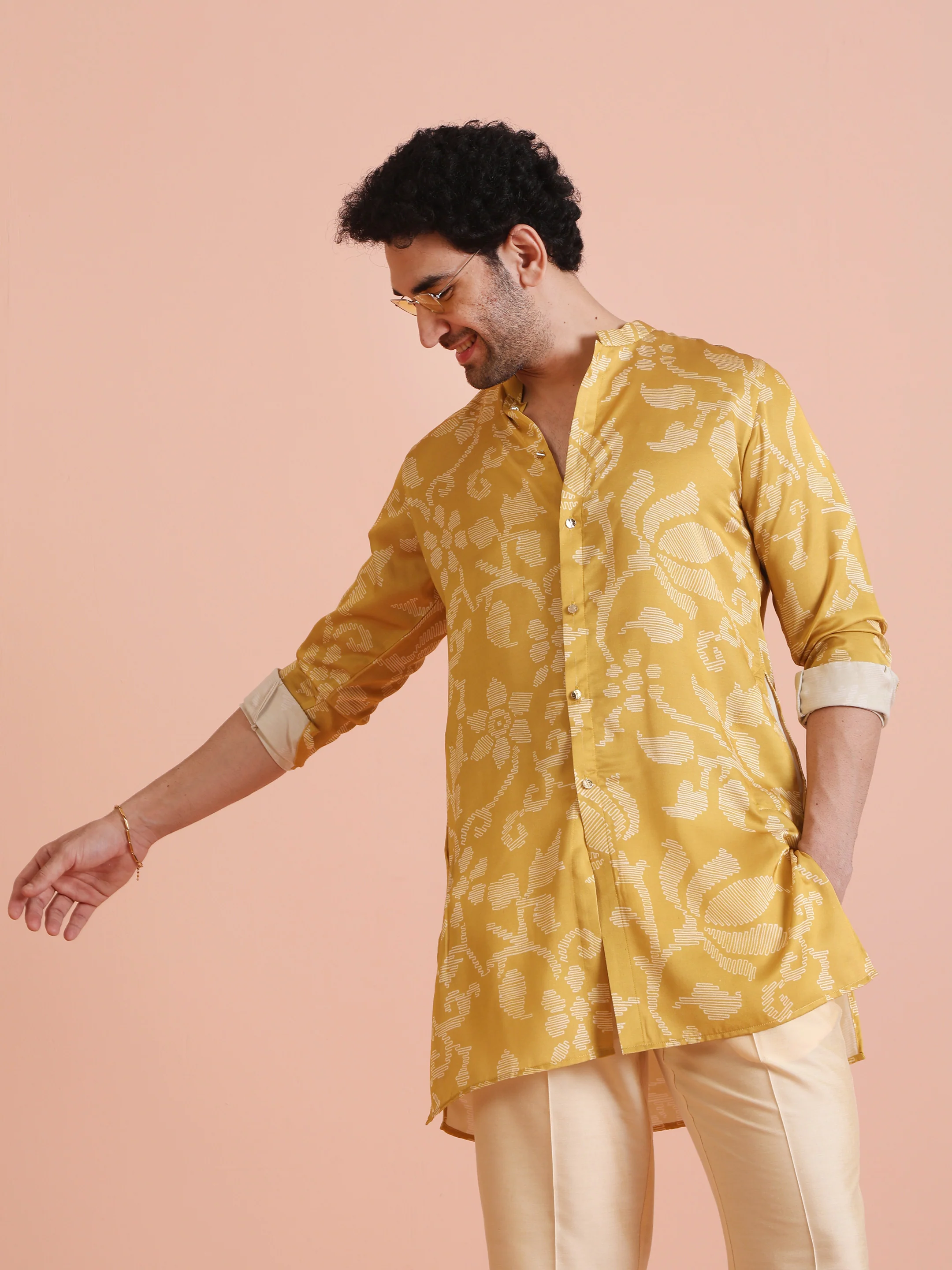 Yellow Printed Front Open Kurta Set - Image 9
