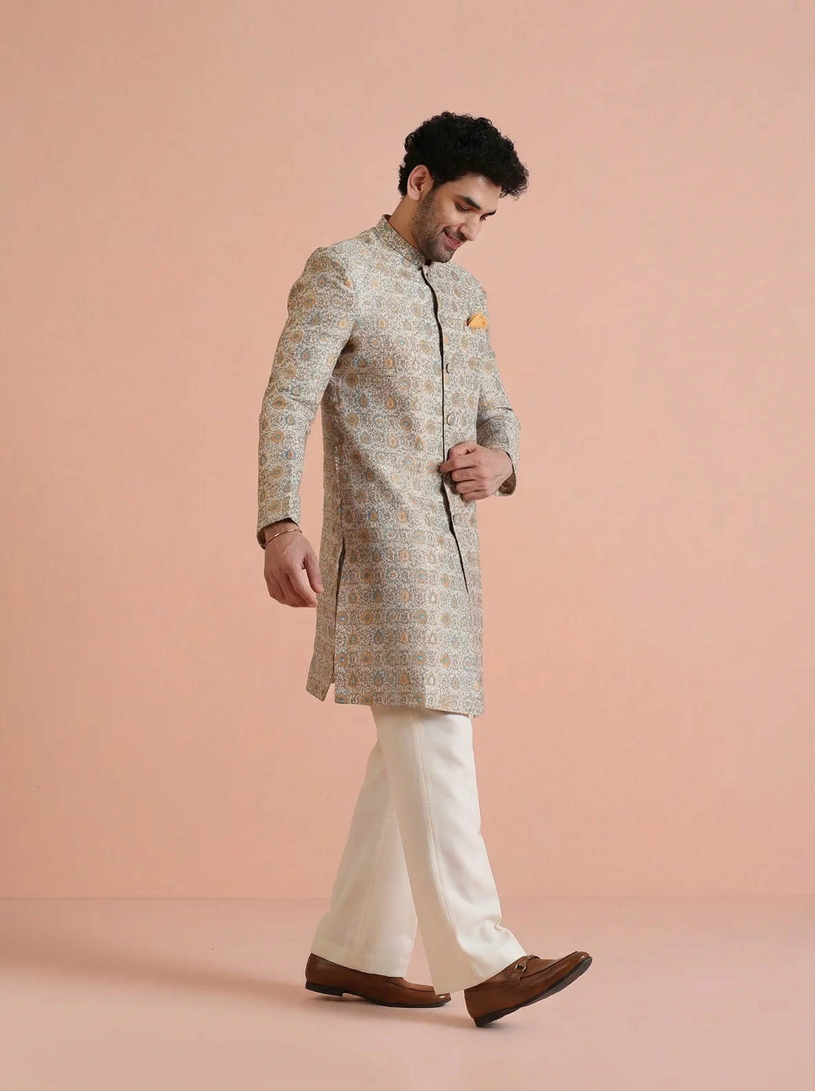 Yellow Silk Blend Jacquard Sherwani Wide Leg Trouser Set - Image 2