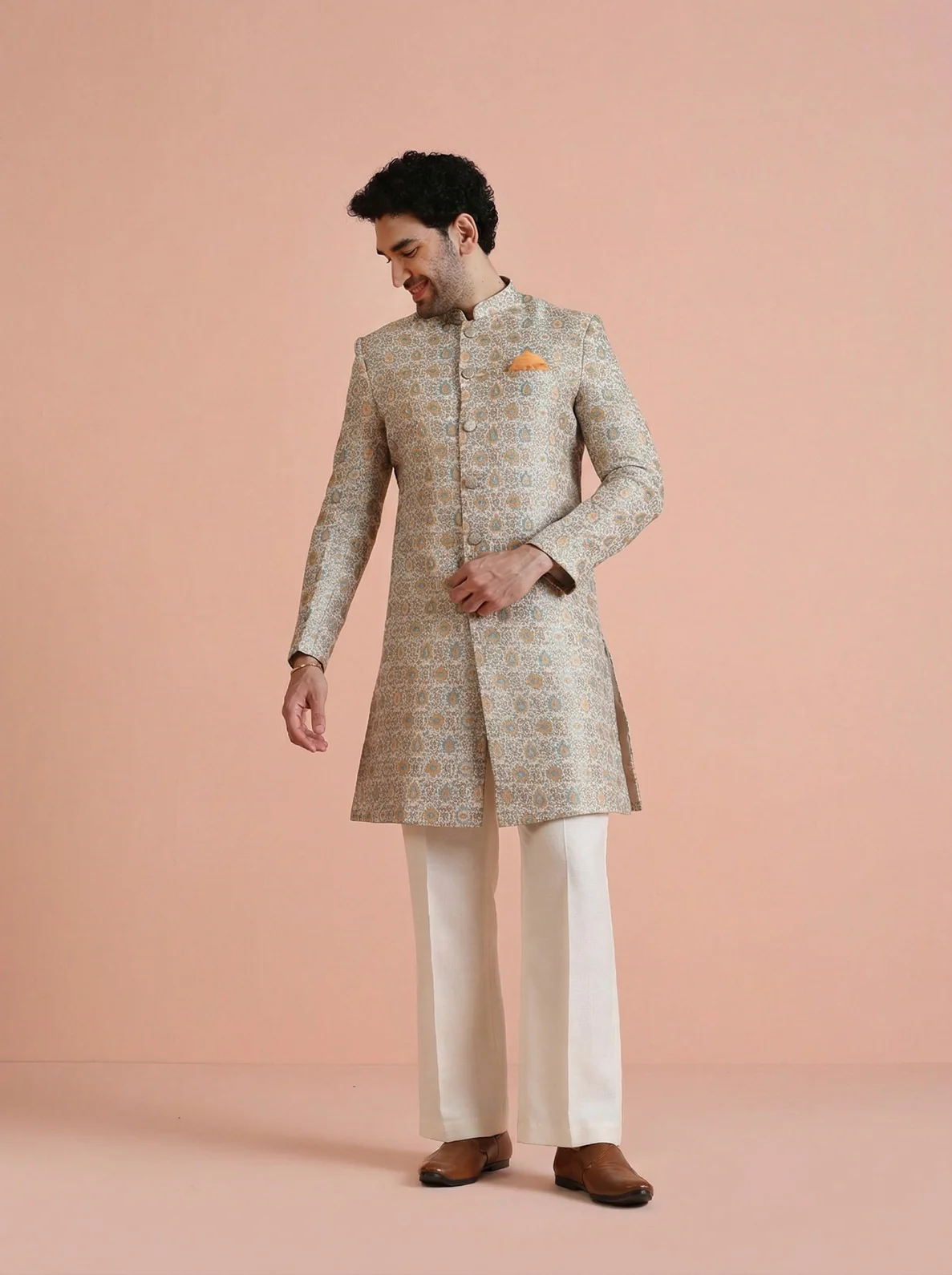 Yellow Silk Blend Jacquard Sherwani Wide Leg Trouser Set - Image 6