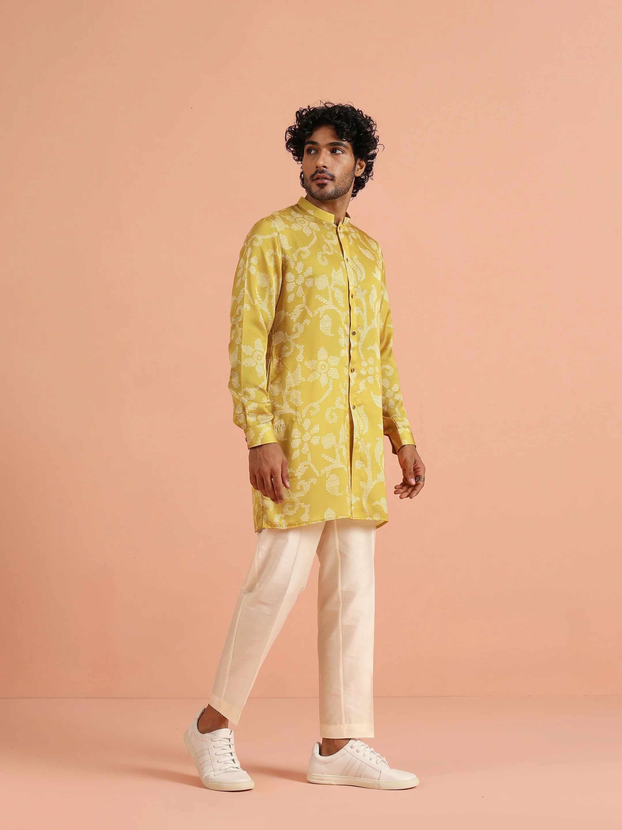 Yellow Silk Jacquard Floral Mid Kurta Trouser Set - Image 4