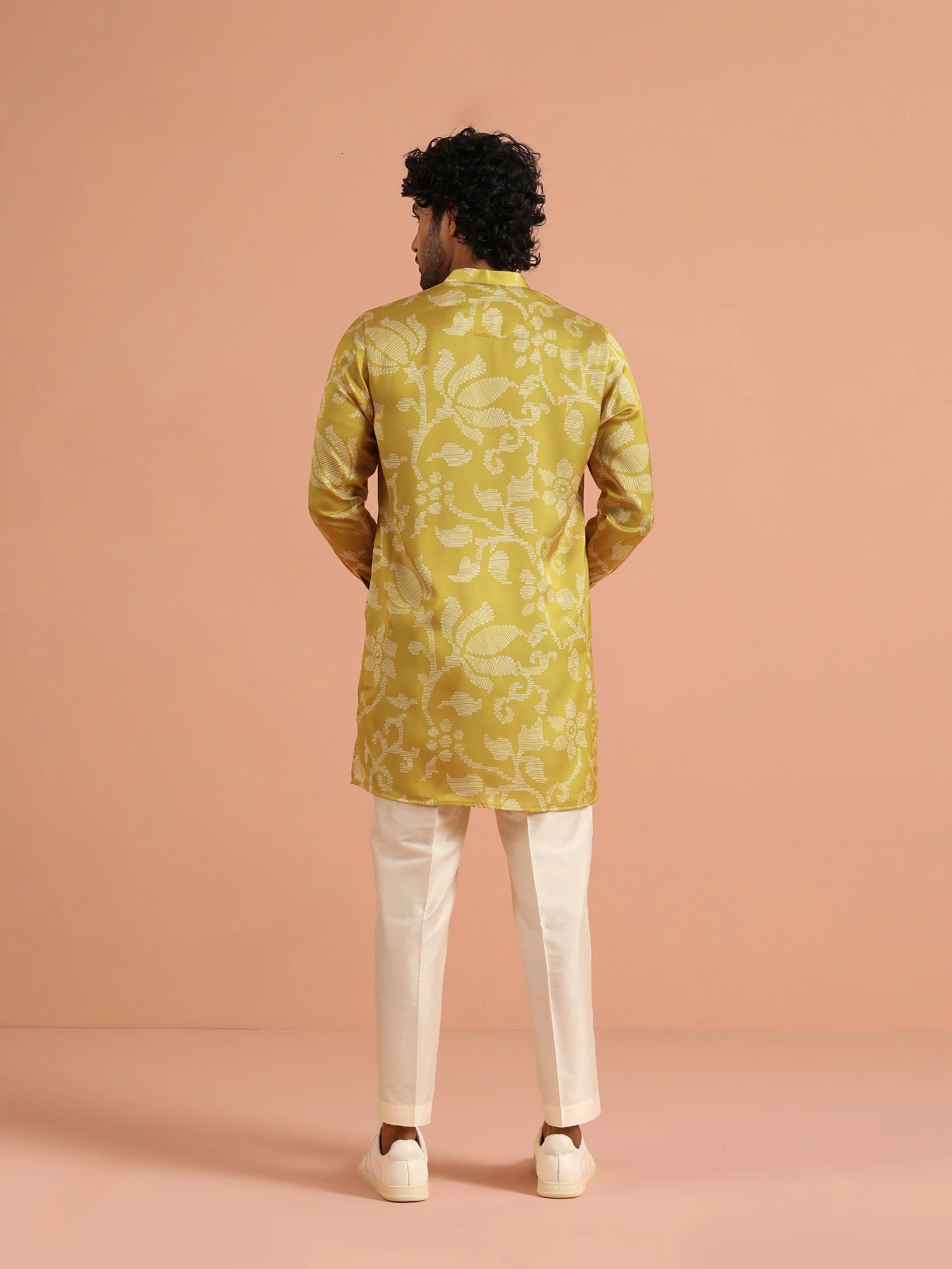 Yellow Silk Jacquard Floral Mid Kurta Trouser Set - Image 5