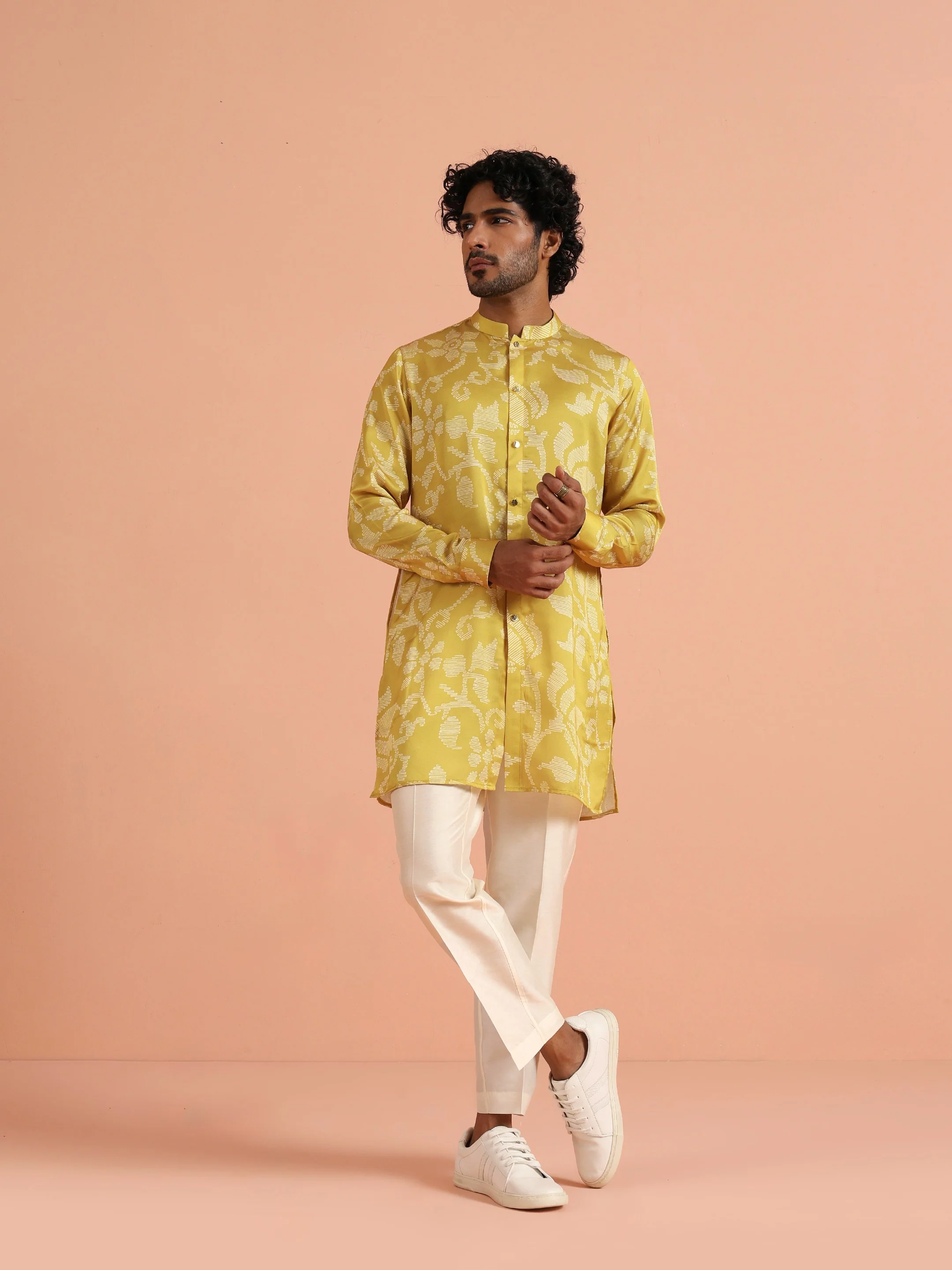 Yellow Silk Jacquard Floral Mid Kurta Trouser Set - Image 9